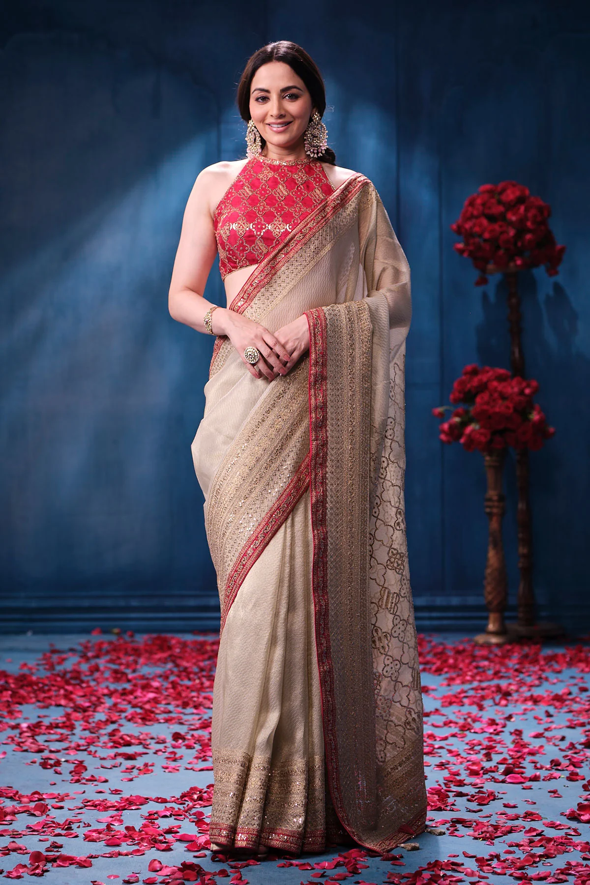 Gold & Rani Tissue Saree Elegant Festive & Wedding Wear - Image 10