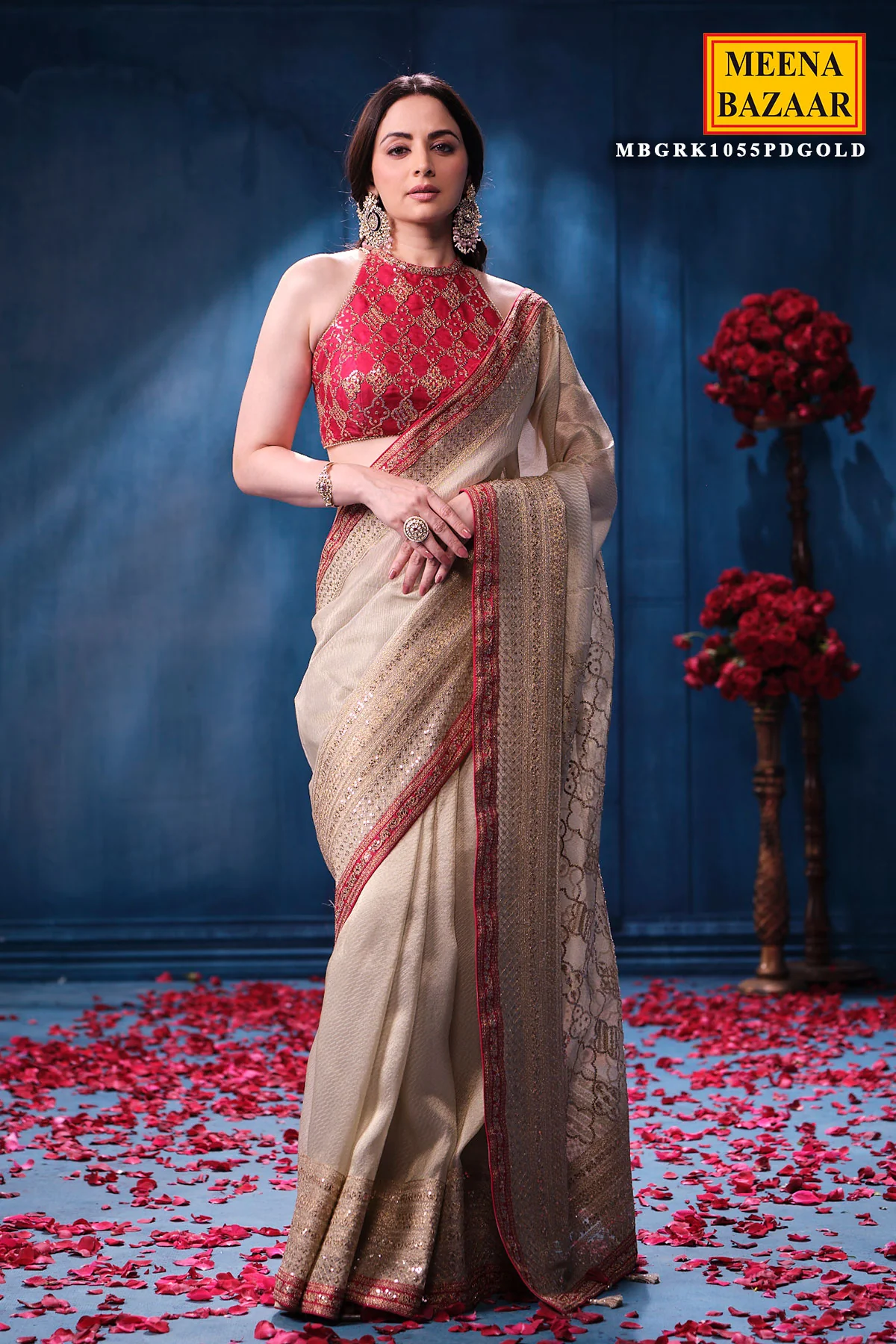Gold & Rani Tissue Saree Elegant Festive & Wedding Wear - Image 11