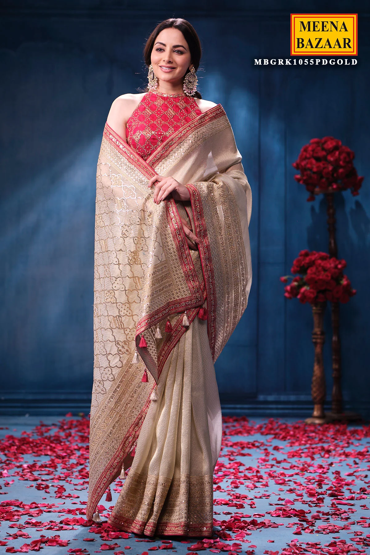 Gold & Rani Tissue Saree Elegant Festive & Wedding Wear - Image 12