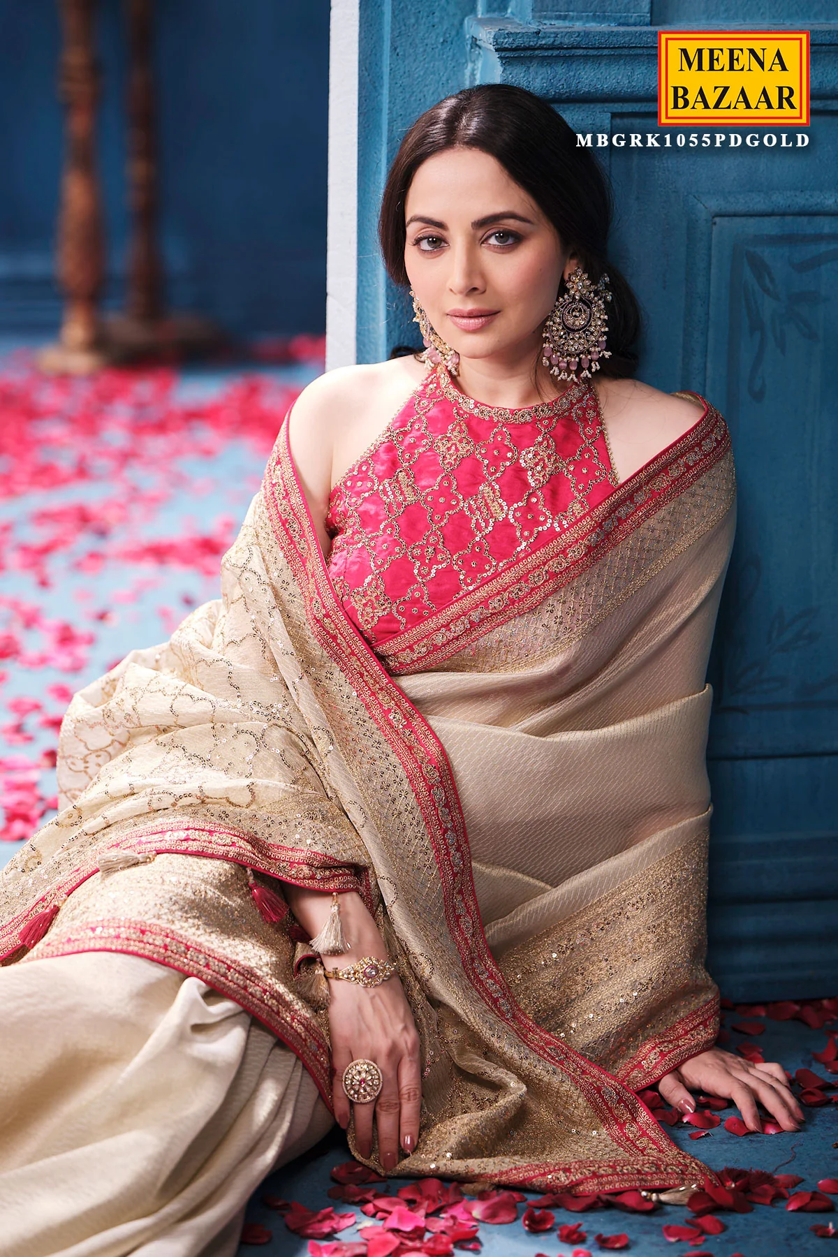 Gold & Rani Tissue Saree Elegant Festive & Wedding Wear - Image 3