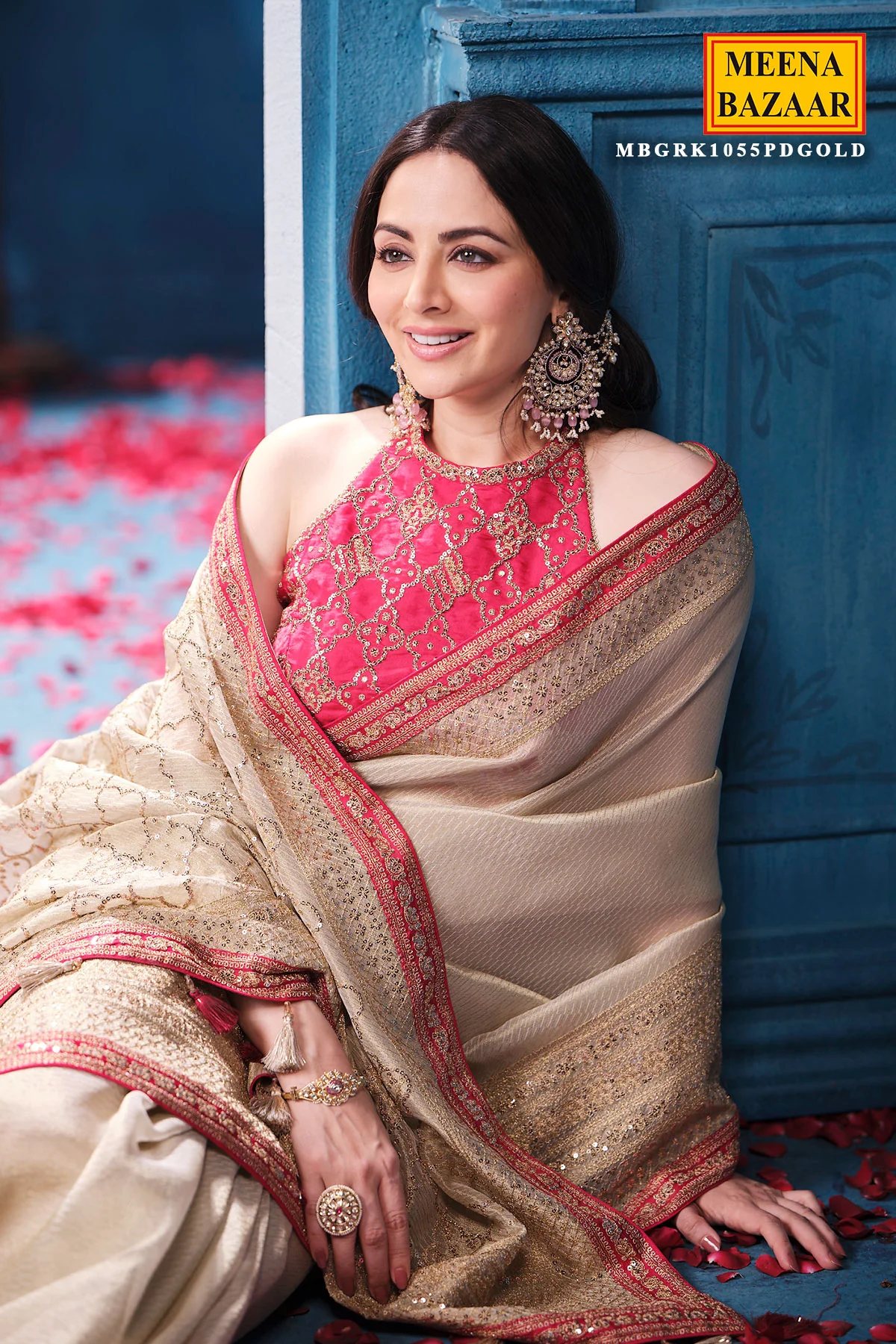 Gold & Rani Tissue Saree Elegant Festive & Wedding Wear - Image 4