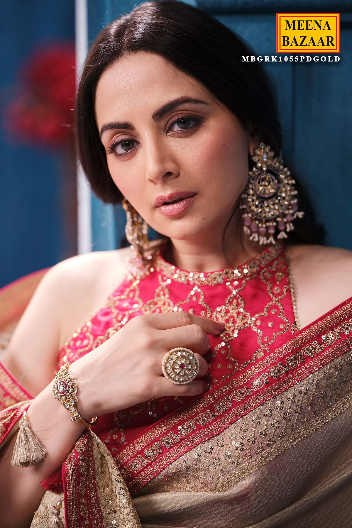 Gold & Rani Tissue Saree Elegant Festive & Wedding Wear - Image 5