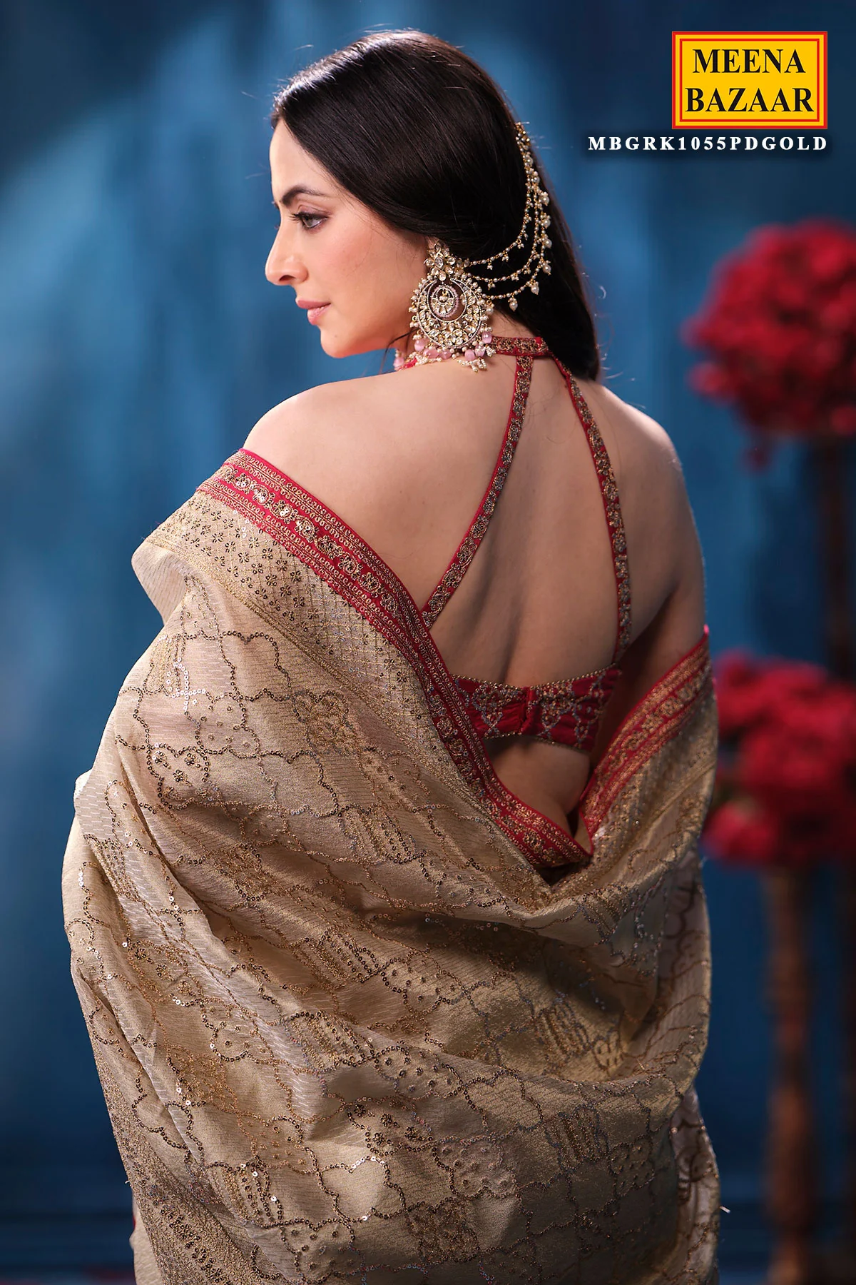 Gold & Rani Tissue Saree Elegant Festive & Wedding Wear - Image 6