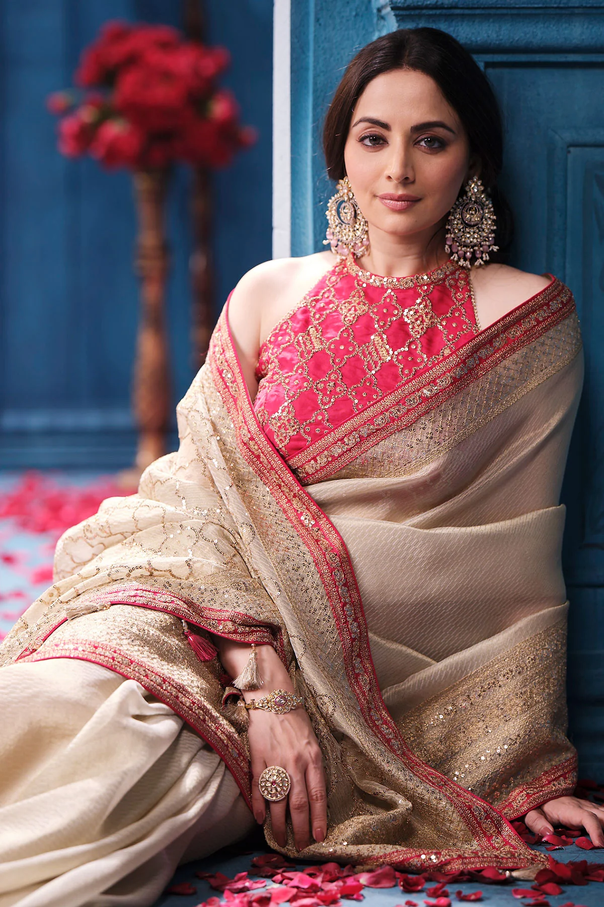 Gold & Rani Tissue Saree Elegant Festive & Wedding Wear - Image 7
