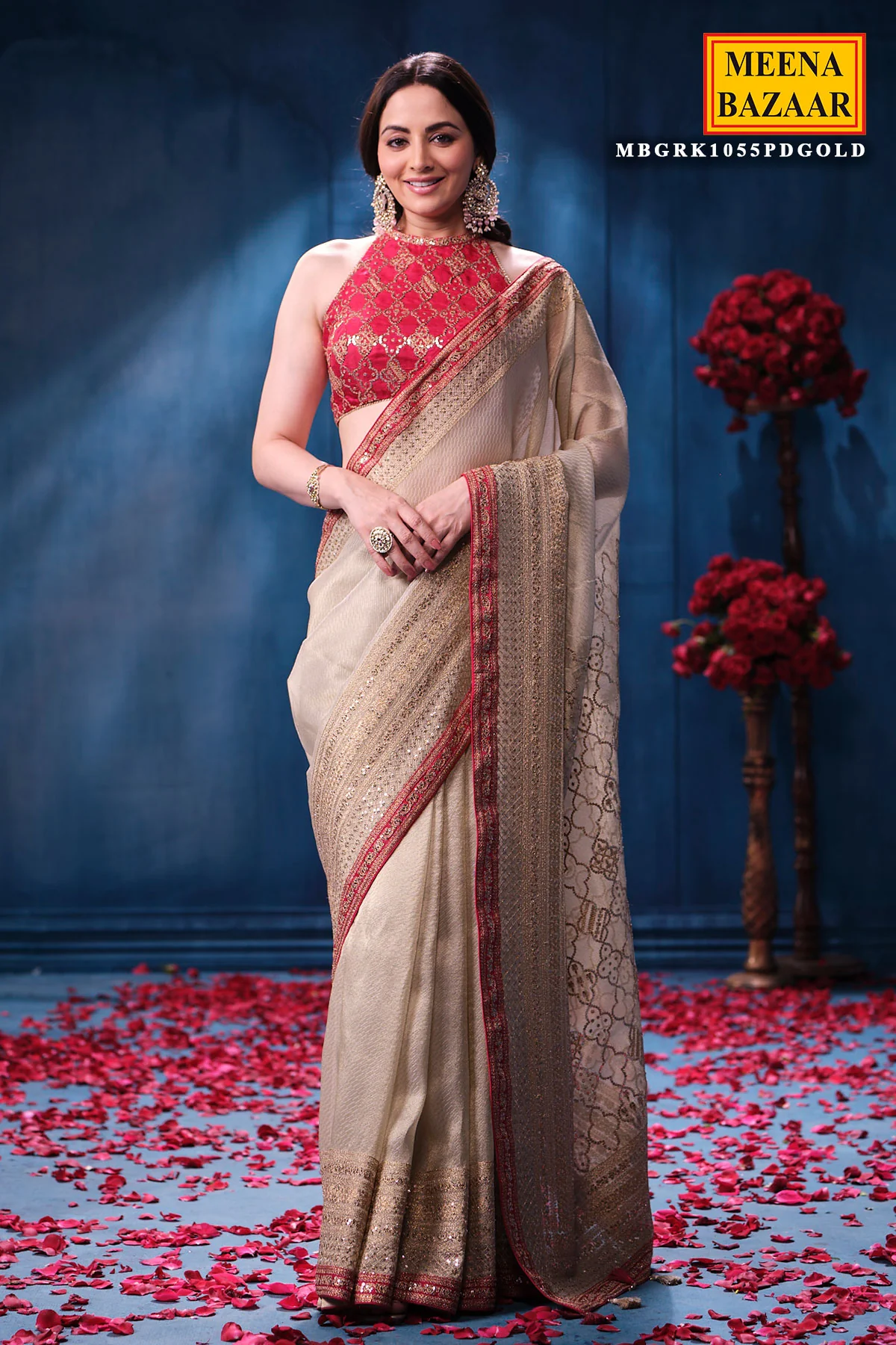 Gold & Rani Tissue Saree Elegant Festive & Wedding Wear - Image 8