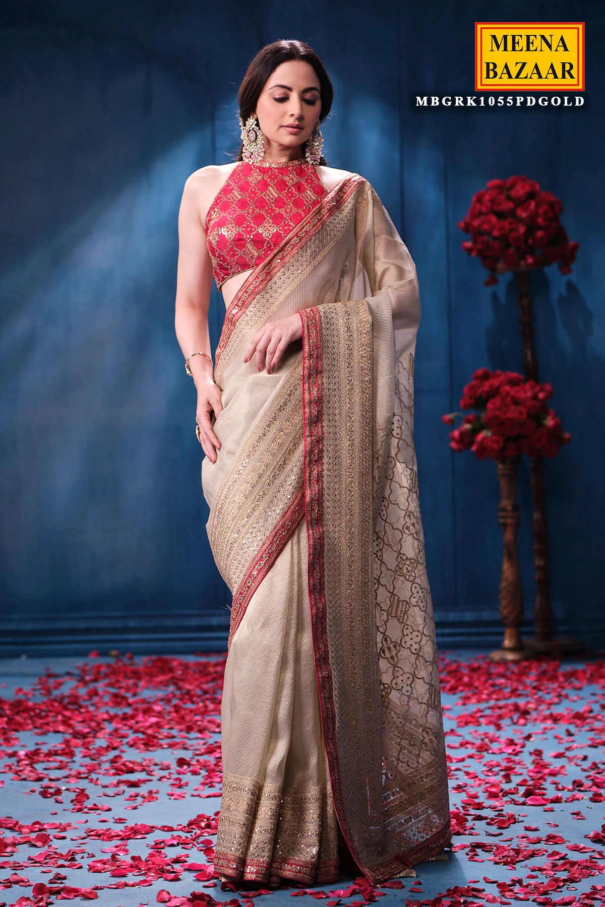 Gold & Rani Tissue Saree Elegant Festive & Wedding Wear - Image 9