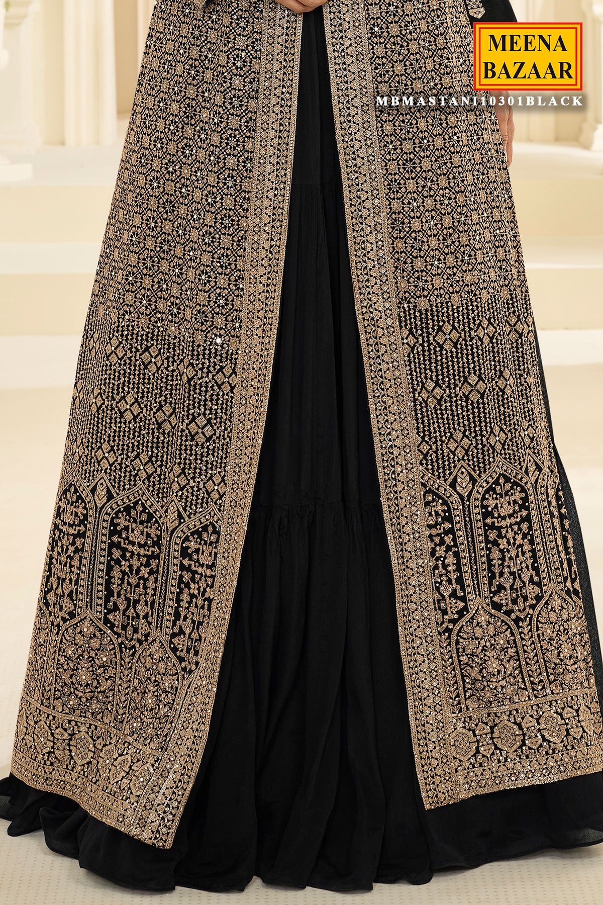 Black Chinon Ready-Made Suit with Designer Long Jacket - Image 3