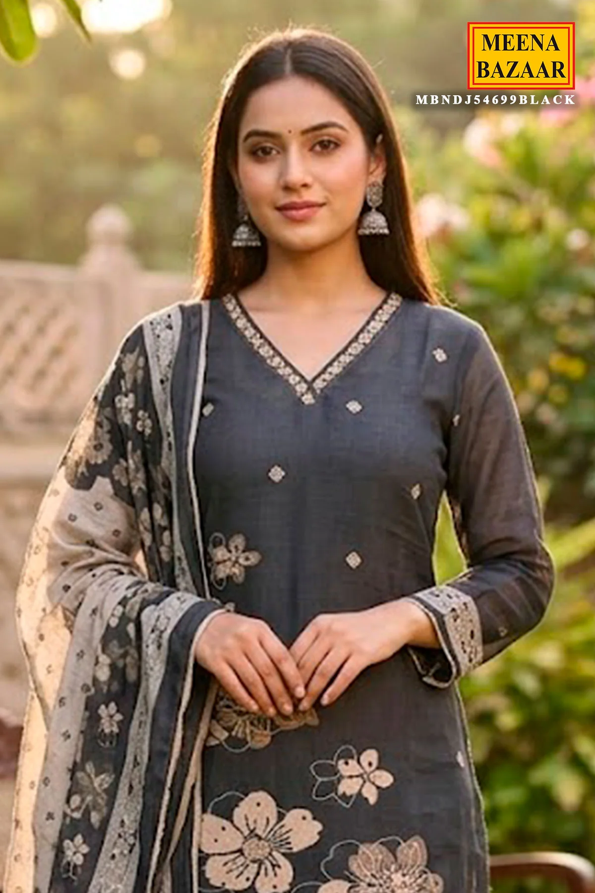 Black Cotton Embroidered Unstitched Suit - Image 2