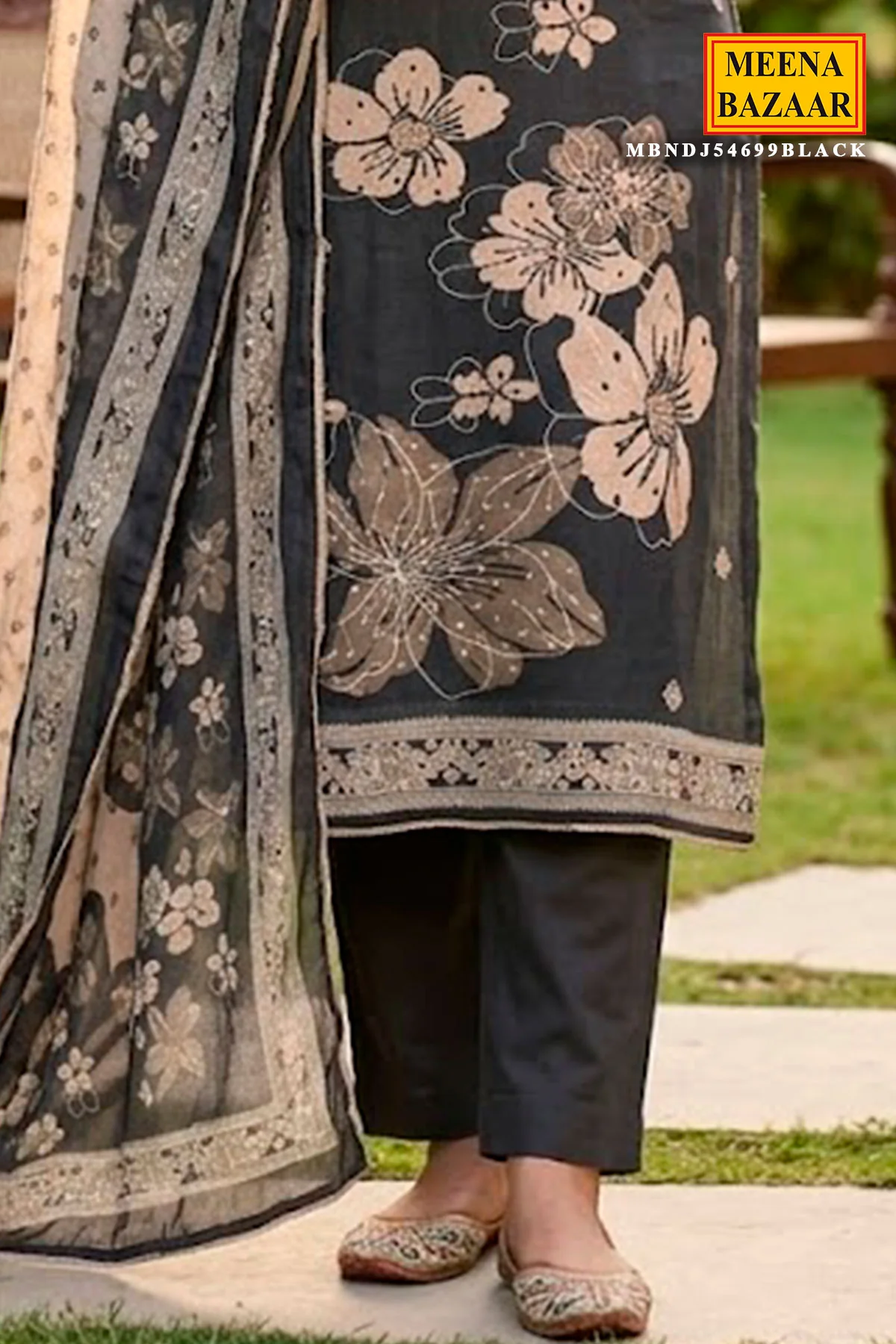 Black Cotton Embroidered Unstitched Suit - Image 3