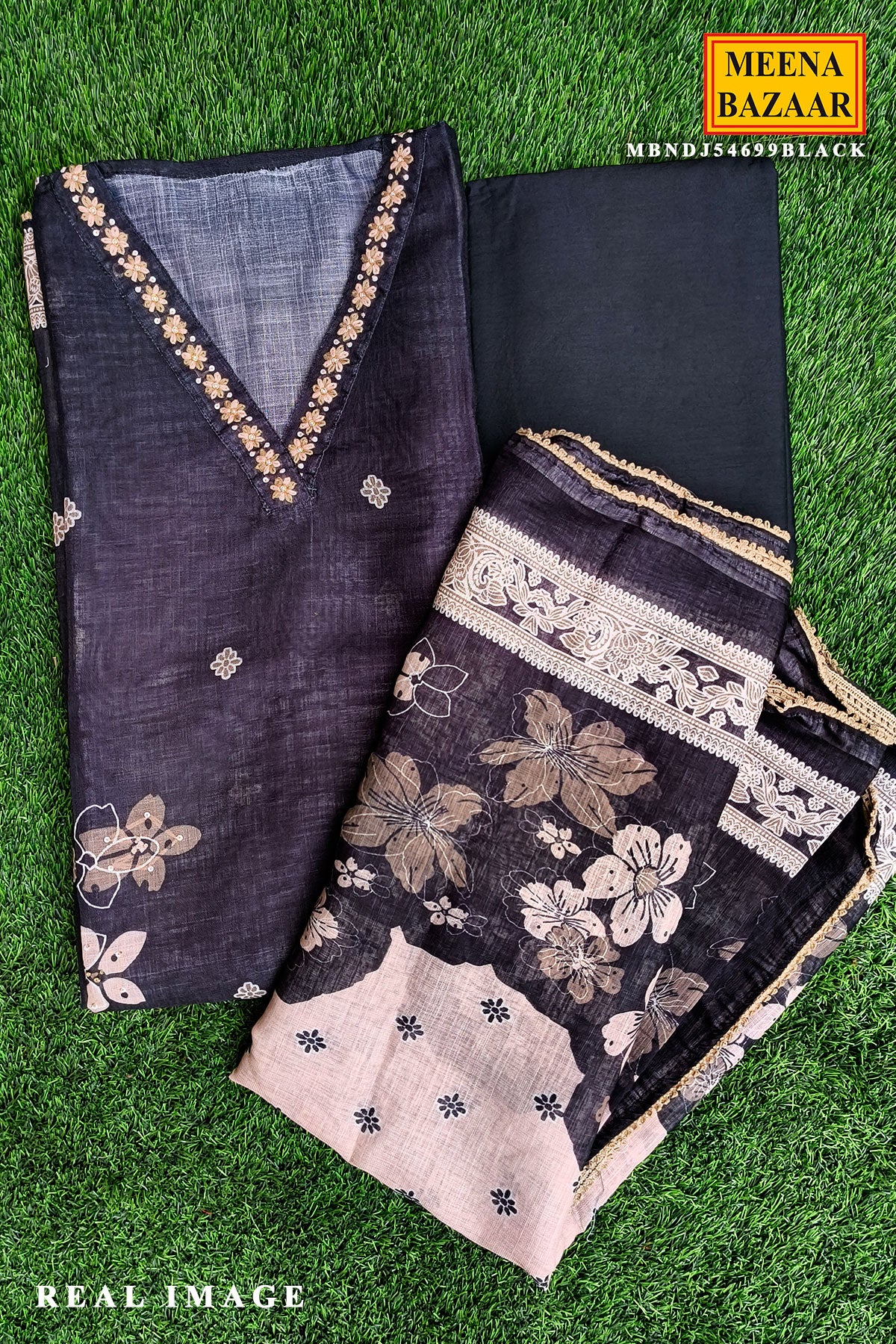 Black Cotton Embroidered Unstitched Suit - Image 4