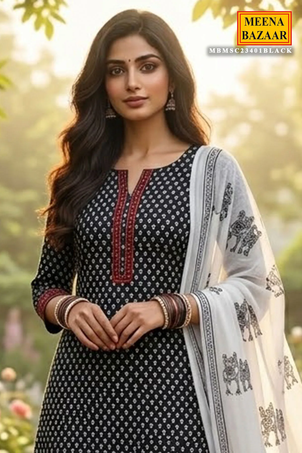 Black Ethnic Printed Unstitched Suit Piece Set - Image 2