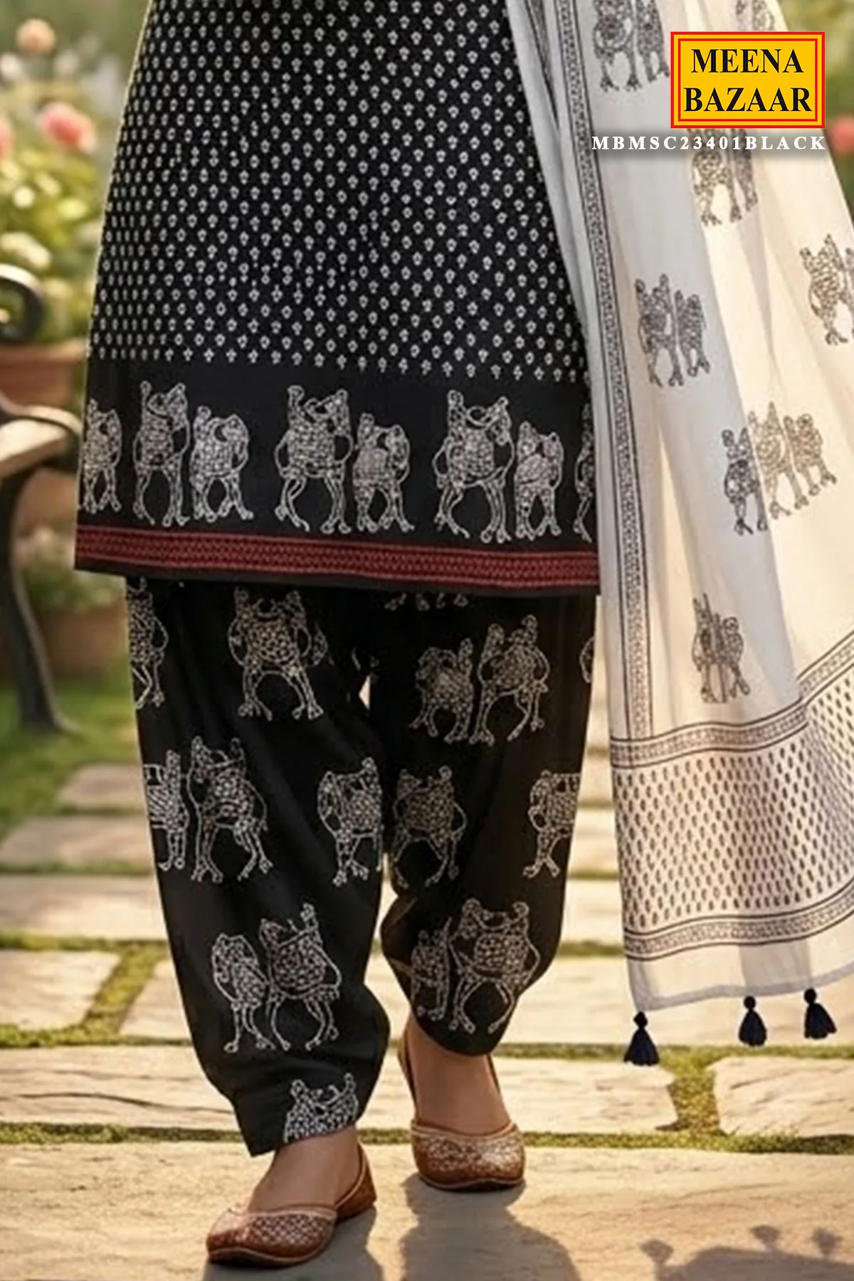 Black Ethnic Printed Unstitched Suit Piece Set - Image 3