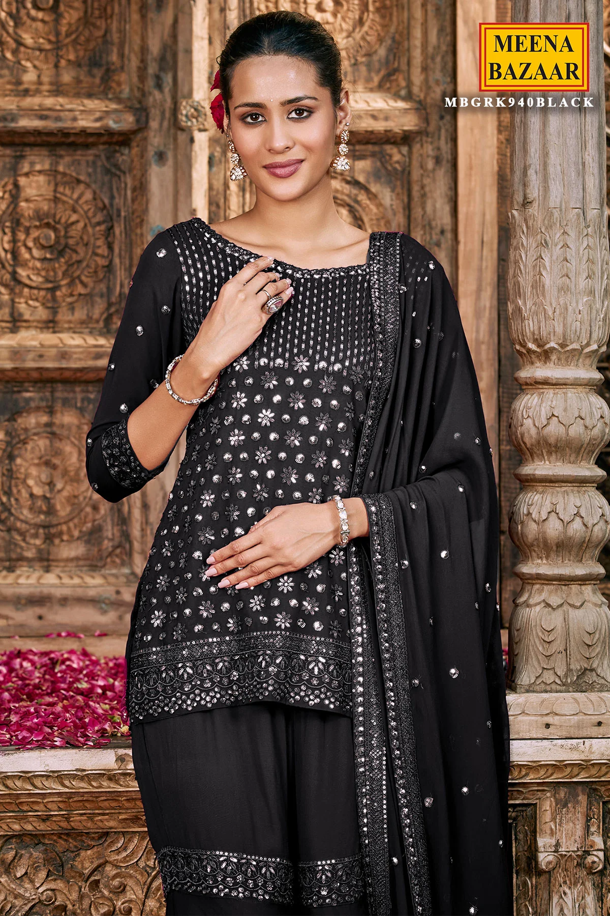 Black Georgette Embroidered Sharara ready Made Suit - Image 3