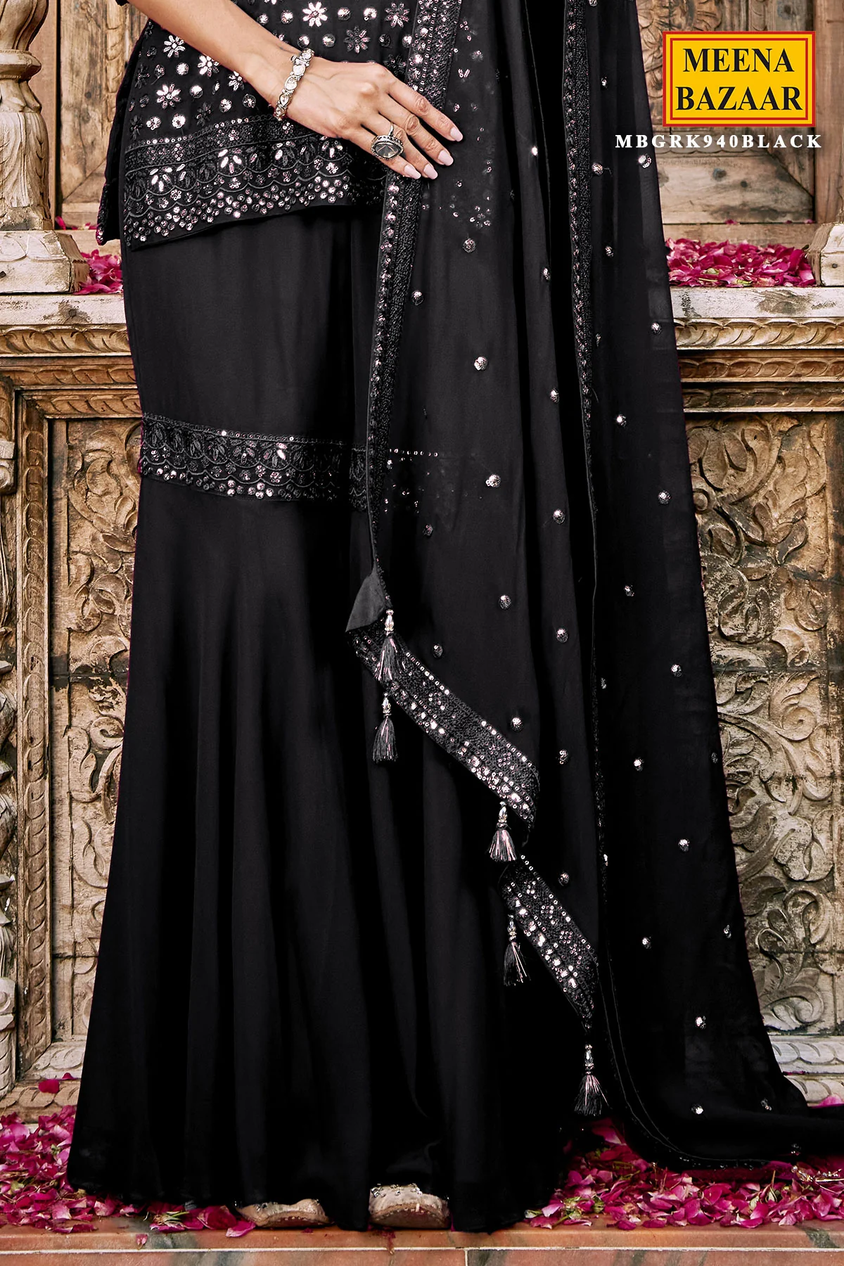 Black Georgette Embroidered Sharara ready Made Suit - Image 4