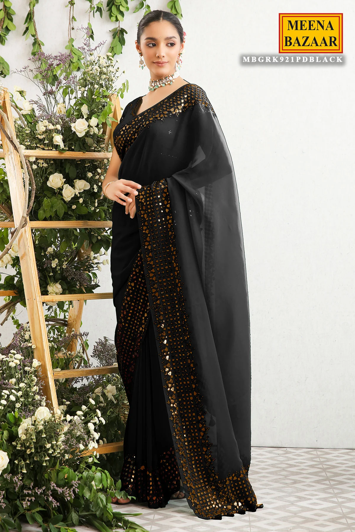 Black Georgette Gota Patti, Sequins, and Thread Embroidered Saree - Image 3