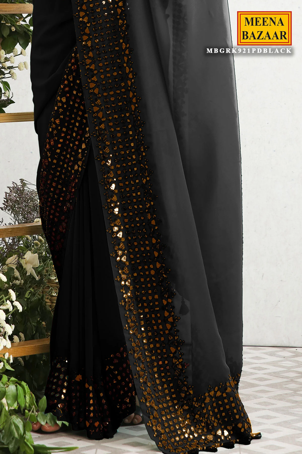 Black Georgette Gota Patti, Sequins, and Thread Embroidered Saree - Image 4