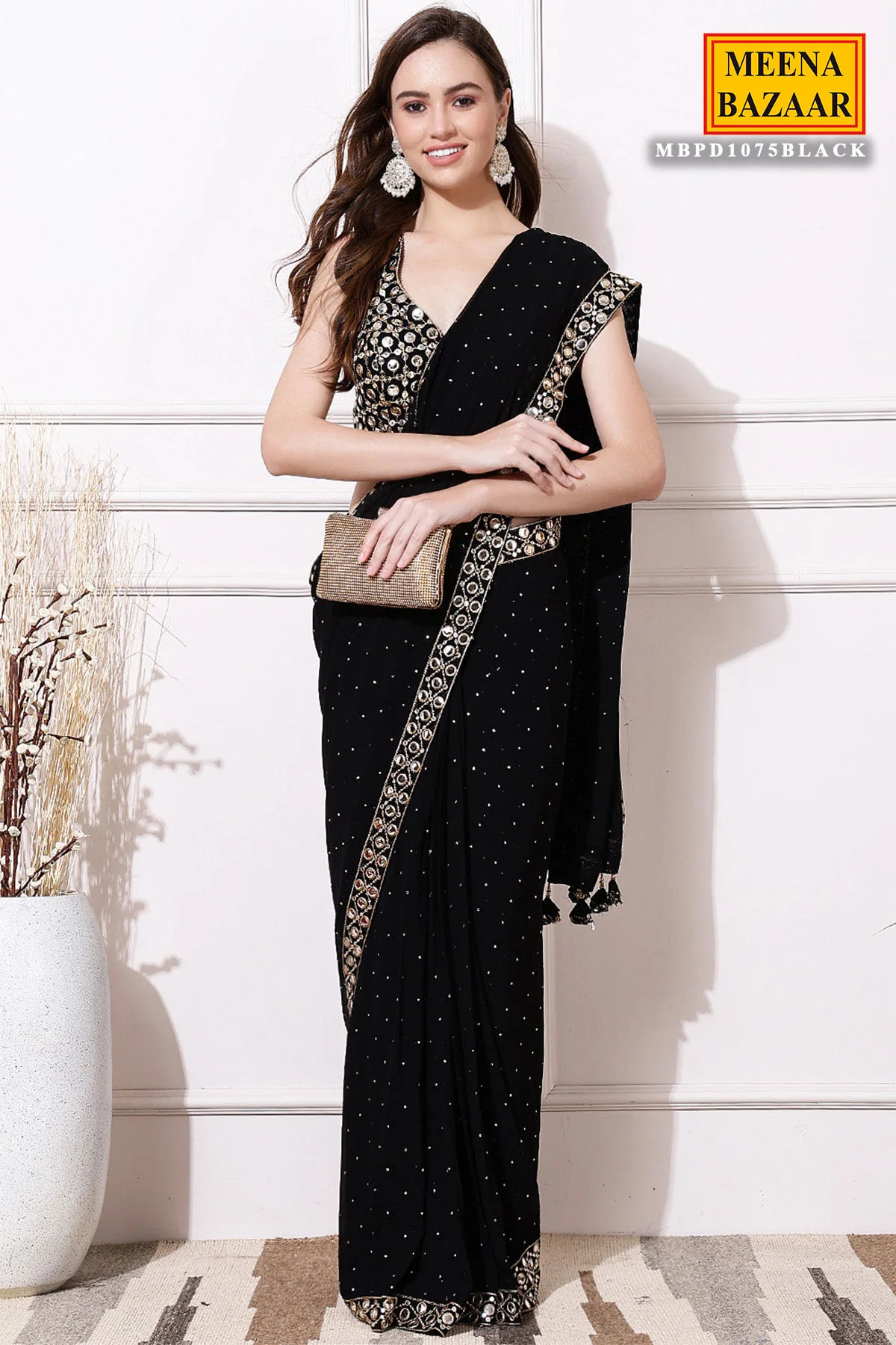 Black Georgette Mirror Work Saree - Image 6