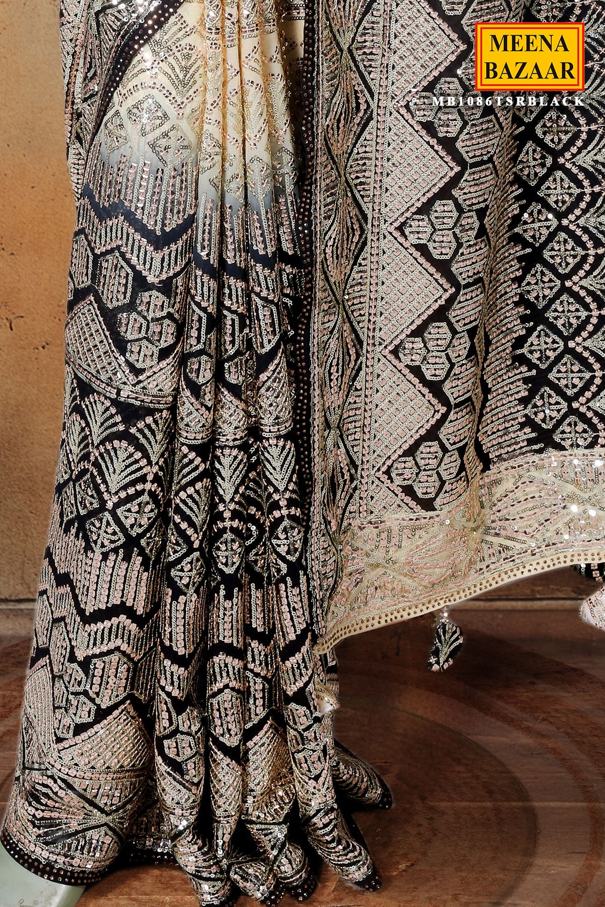 Black Georgette Sequin Embroidered Saree - Image 3