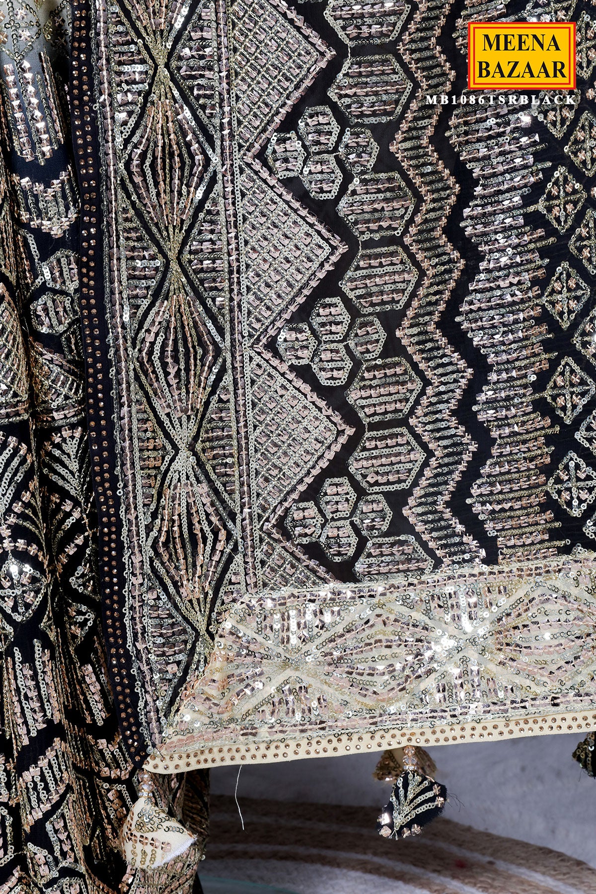 Black Georgette Sequin Embroidered Saree - Image 4