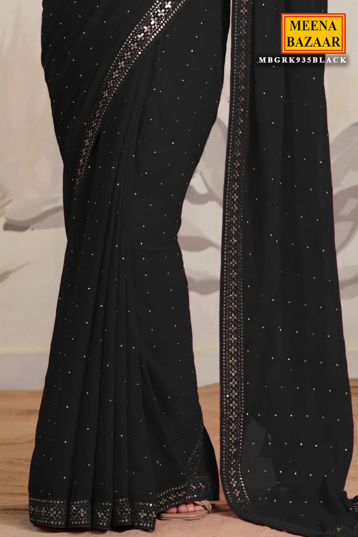 Black Georgette Sequins Embroidered Saree - Image 3