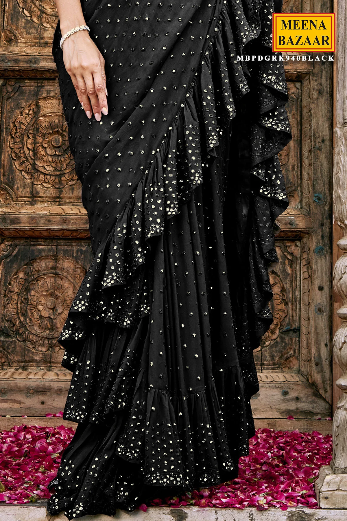 Black Georgette Swarovski Embedded Saree - Image 4