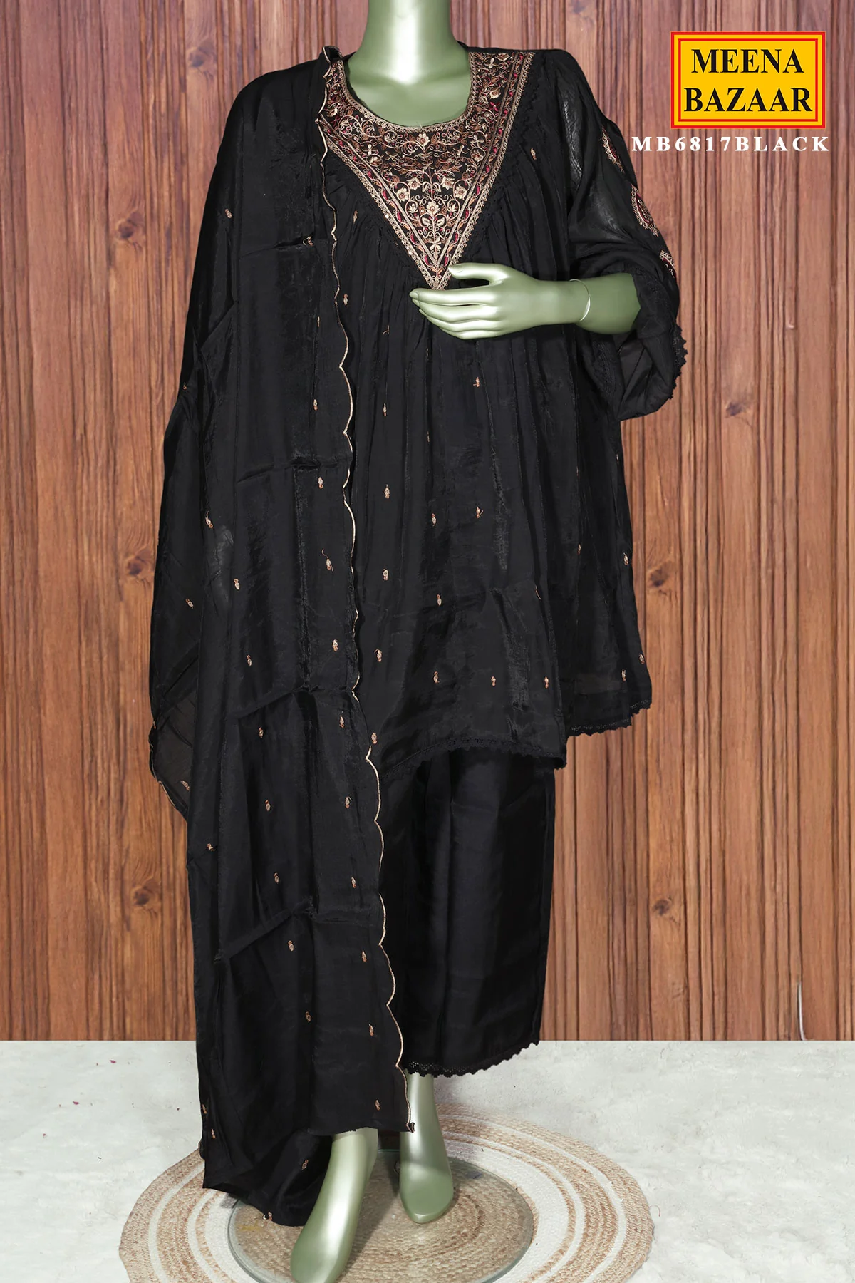 Black Maslin Ready Made Suit with Neck Embroidery - Image 3