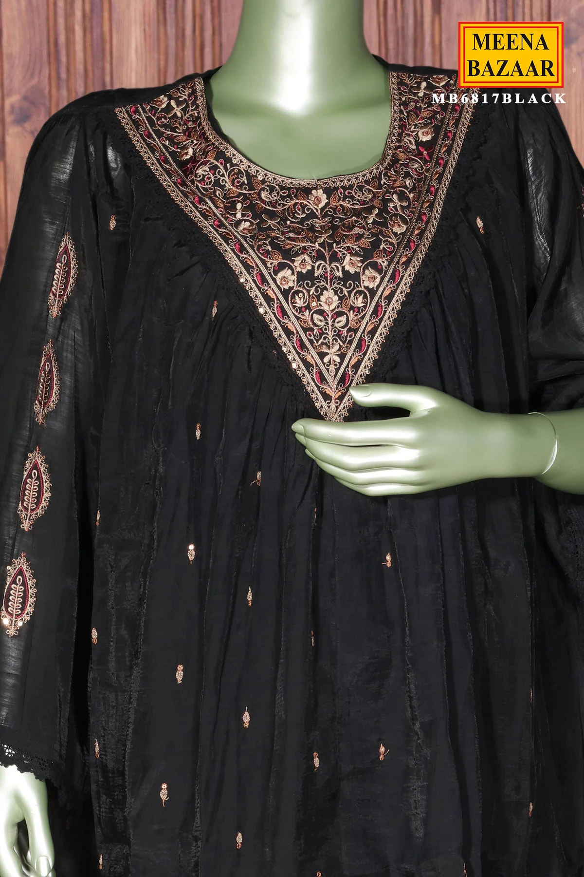 Black Maslin Ready Made Suit with Neck Embroidery - Image 4