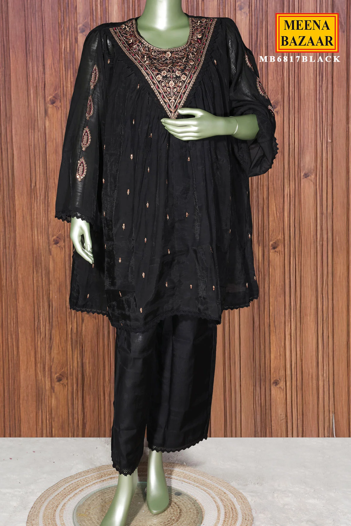 Black Maslin Ready Made Suit with Neck Embroidery - Image 5