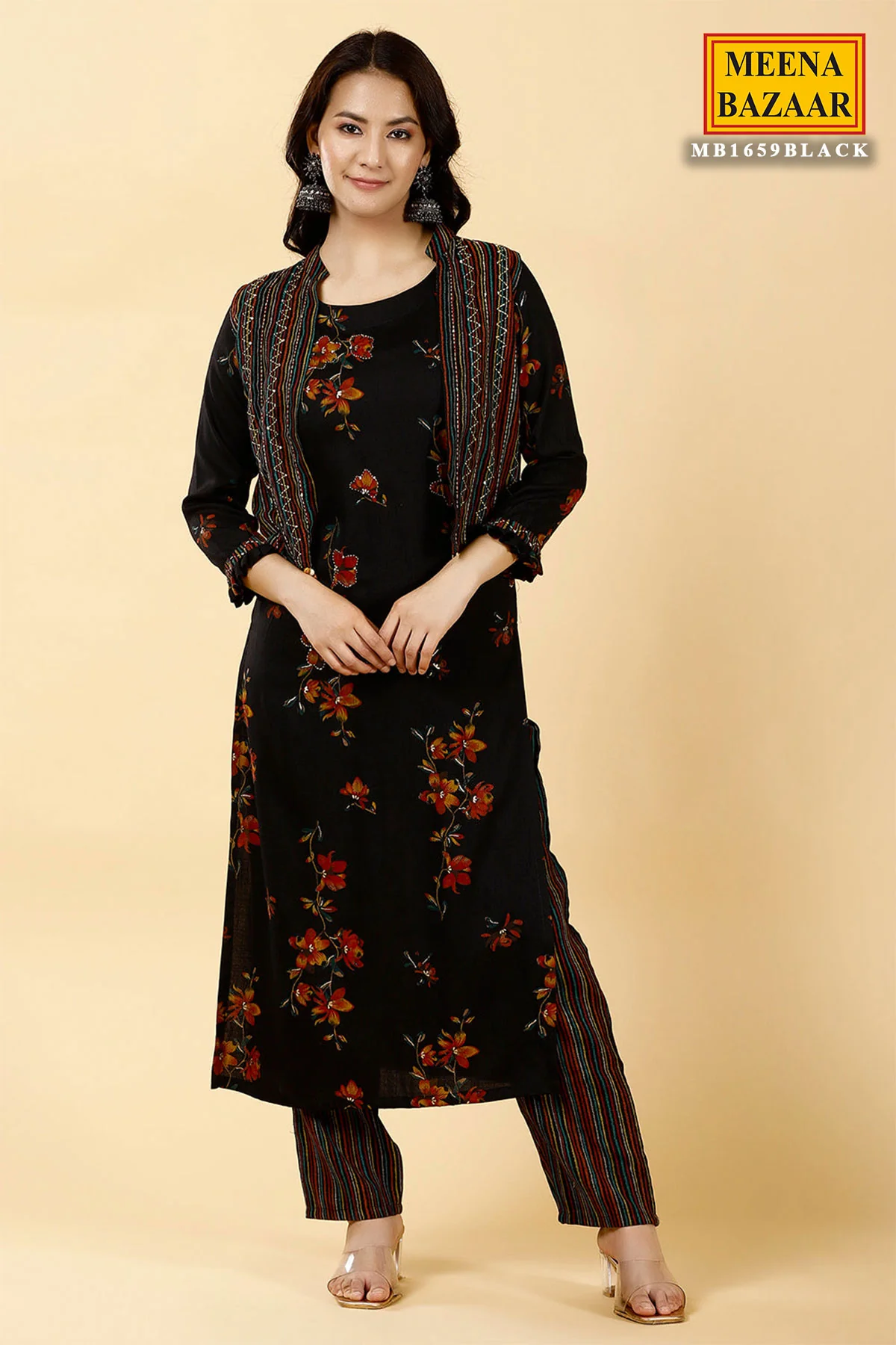 Black Rayon Printed Kurti Pant Set with Short Shrug - Image 3