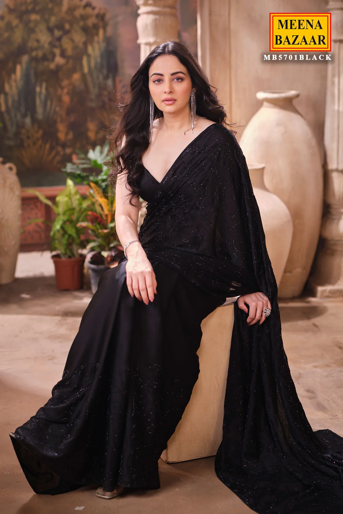 Black Satin Embroidered Saree Party & Evening Wear - Image 8