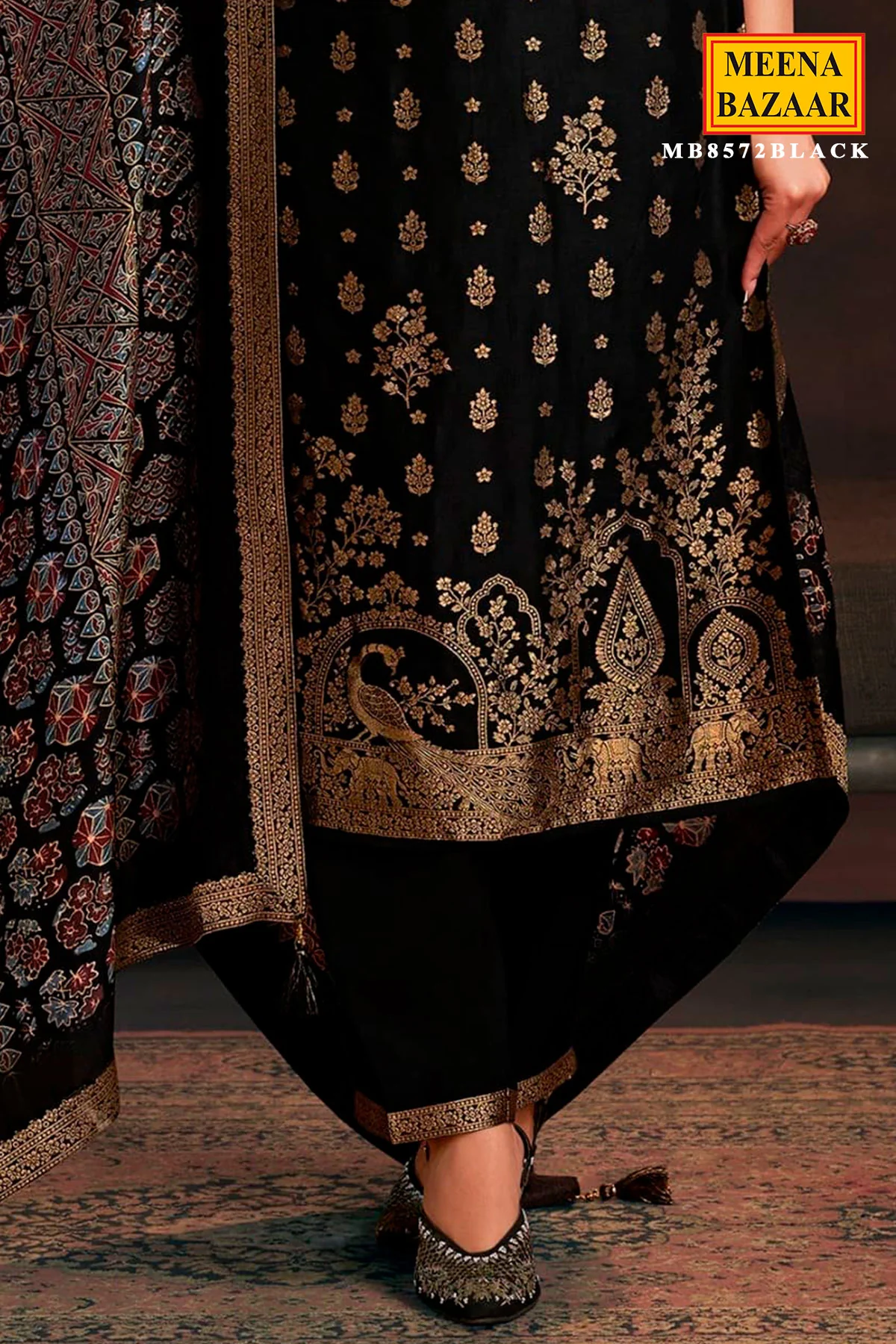 Black Silk Neck Embroidered Ready Made Suit - Image 3
