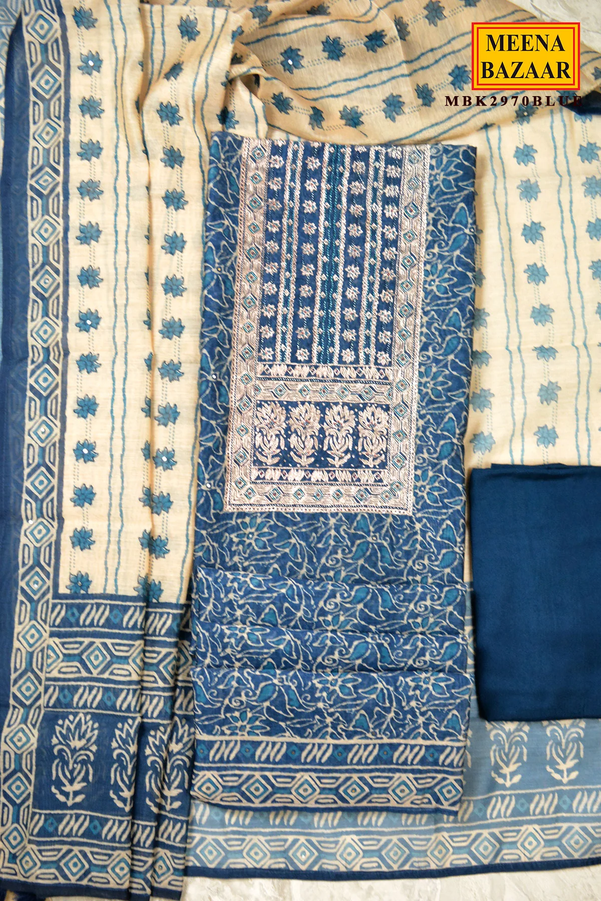 Blue Chanderi Suit Set with Dupatta - Image 3