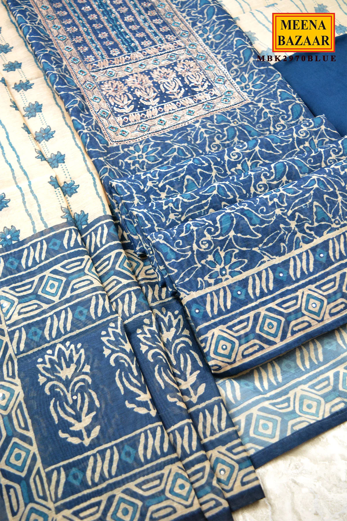 Blue Chanderi Suit Set with Dupatta - Image 4