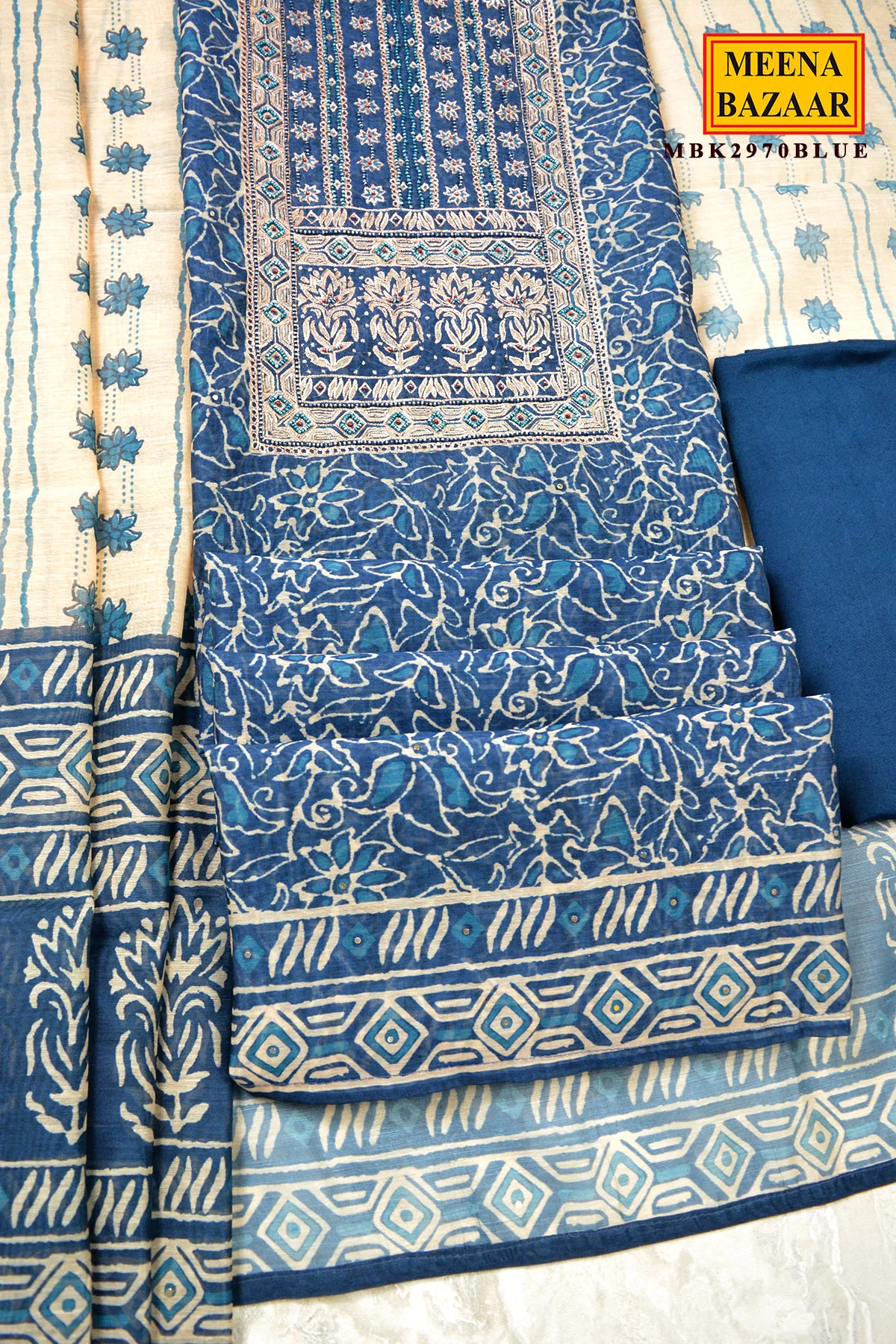 Blue Chanderi Suit Set with Dupatta - Image 5