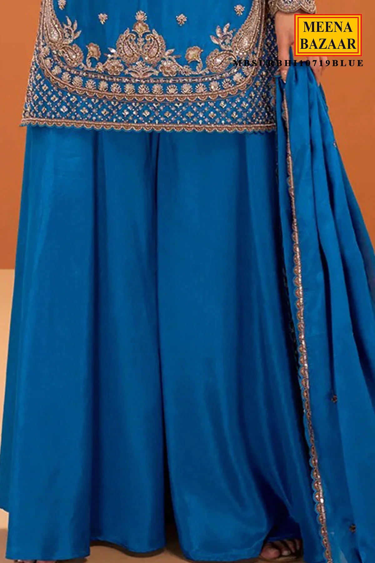 Blue Chinon Embroidered Ready Made Suit - Designer Festive Party Wear - Image 3