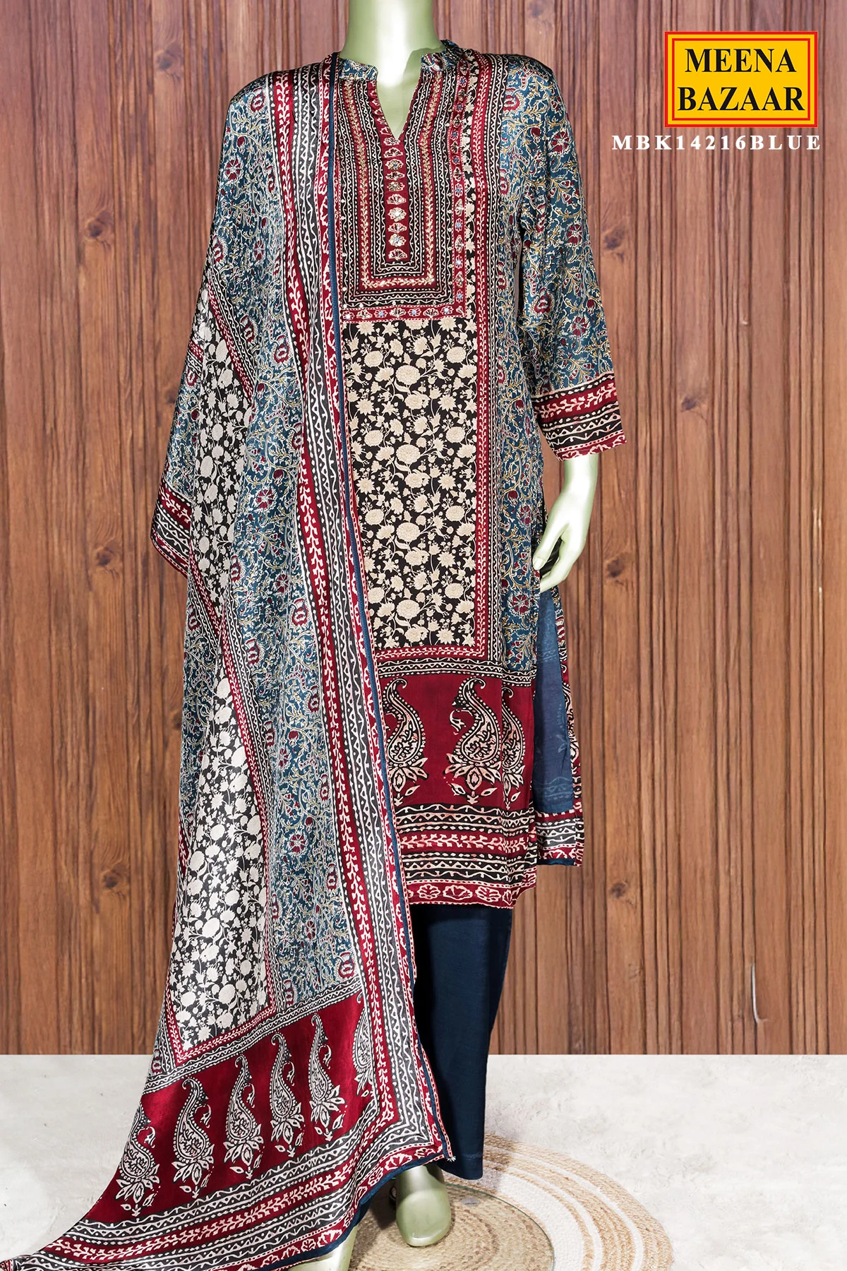 Blue Crepe Ready Made Suit with Designer Neck Embroidery - Image 2