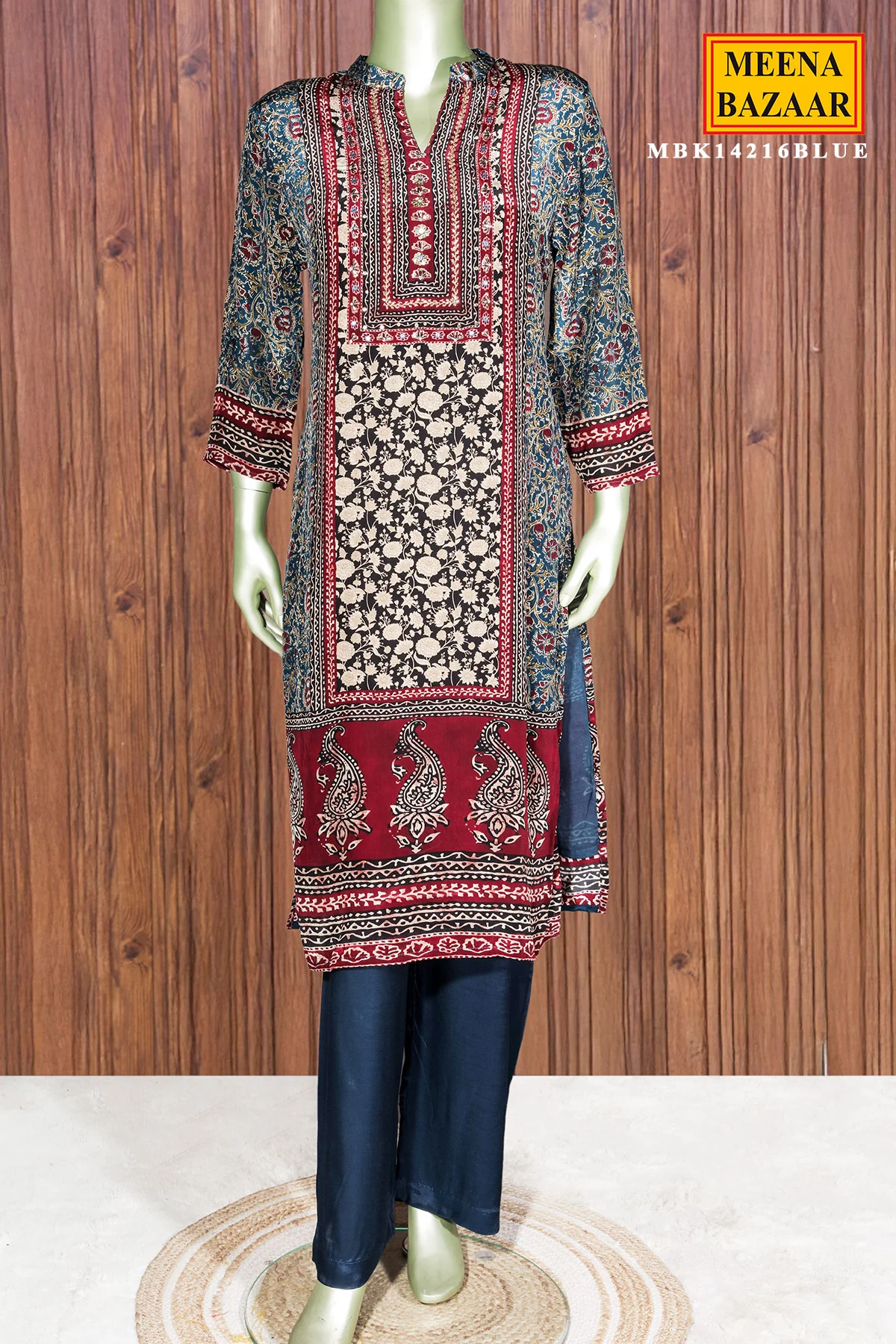 Blue Crepe Ready Made Suit with Designer Neck Embroidery - Image 3