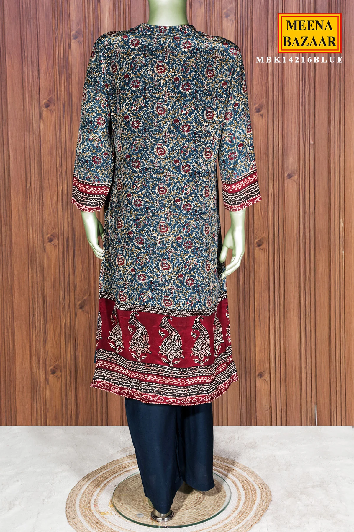 Blue Crepe Ready Made Suit with Designer Neck Embroidery - Image 4