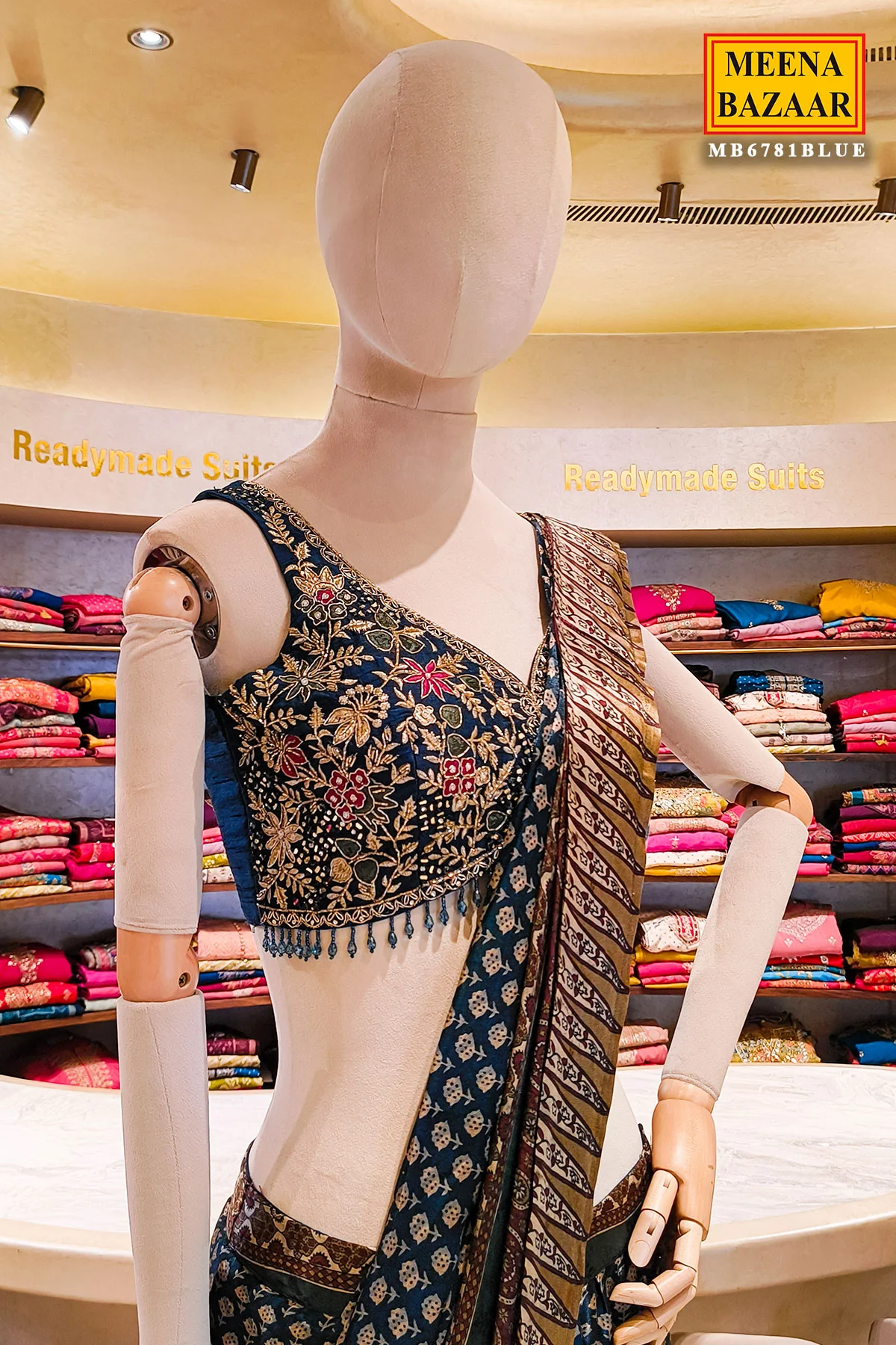 Blue Embroidered Satin Saree - Contemporary Festive Elegance - Image 3