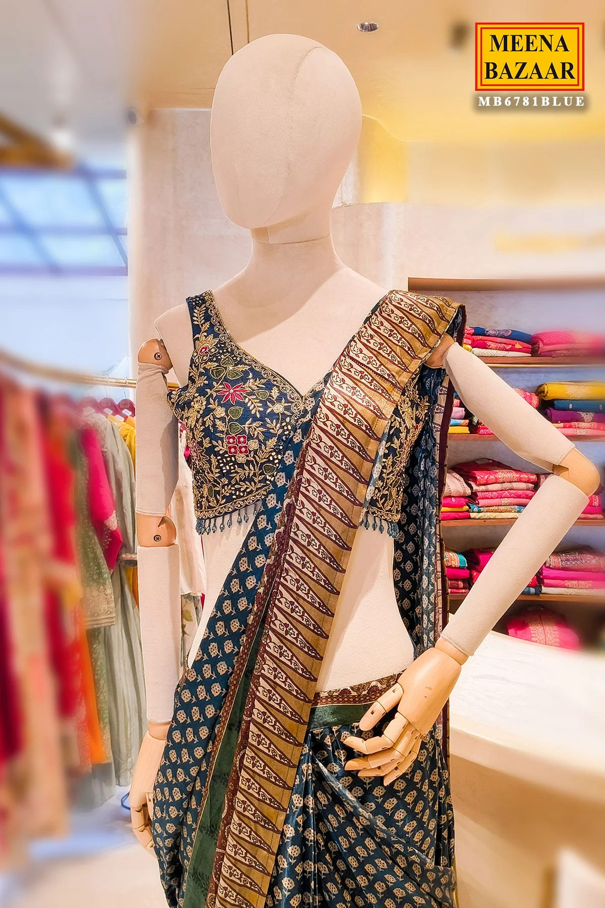 Blue Embroidered Satin Saree - Contemporary Festive Elegance - Image 5