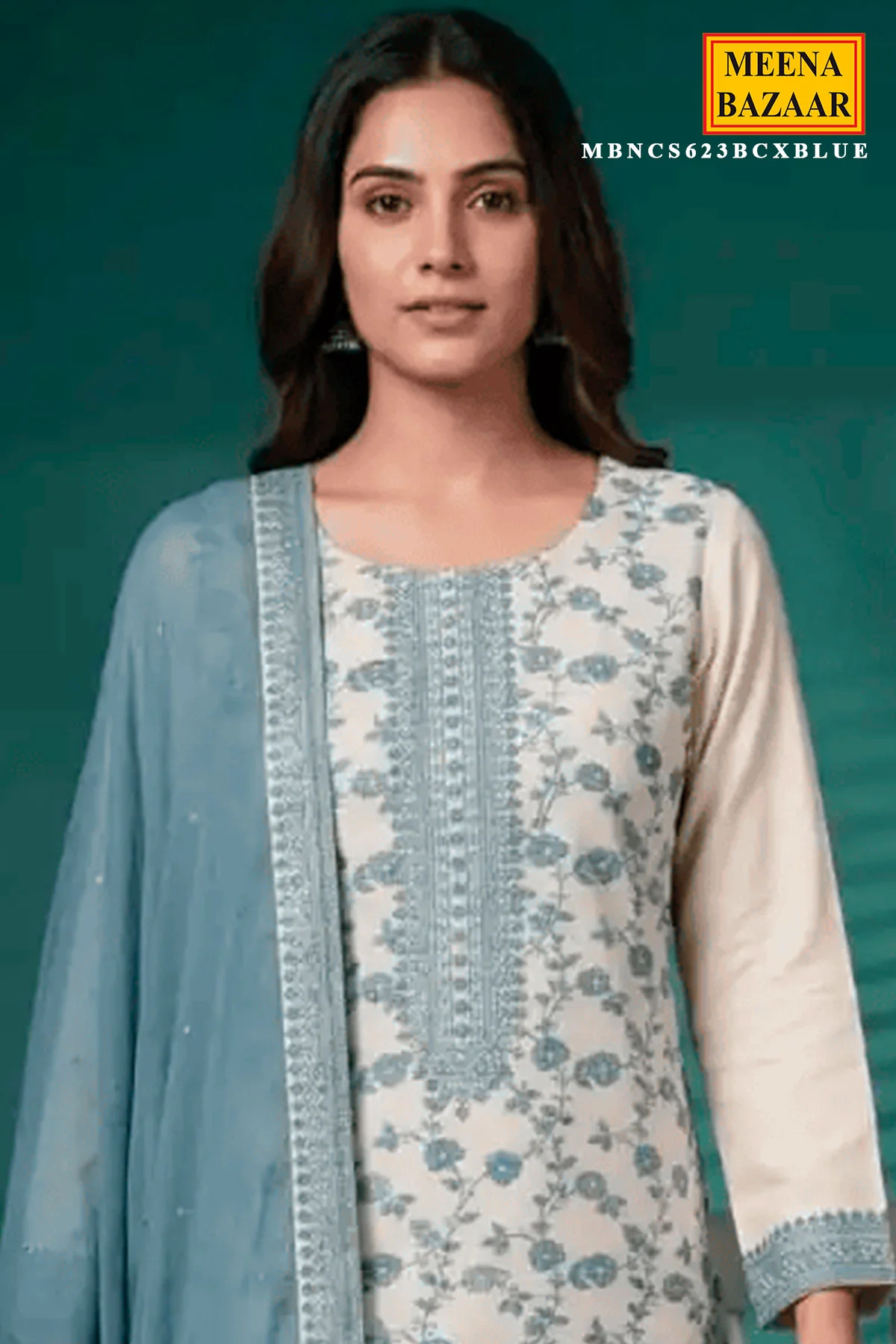 Blue Embroidered Silk Unstitched Suit Set with Dupatta for Women - Image 2