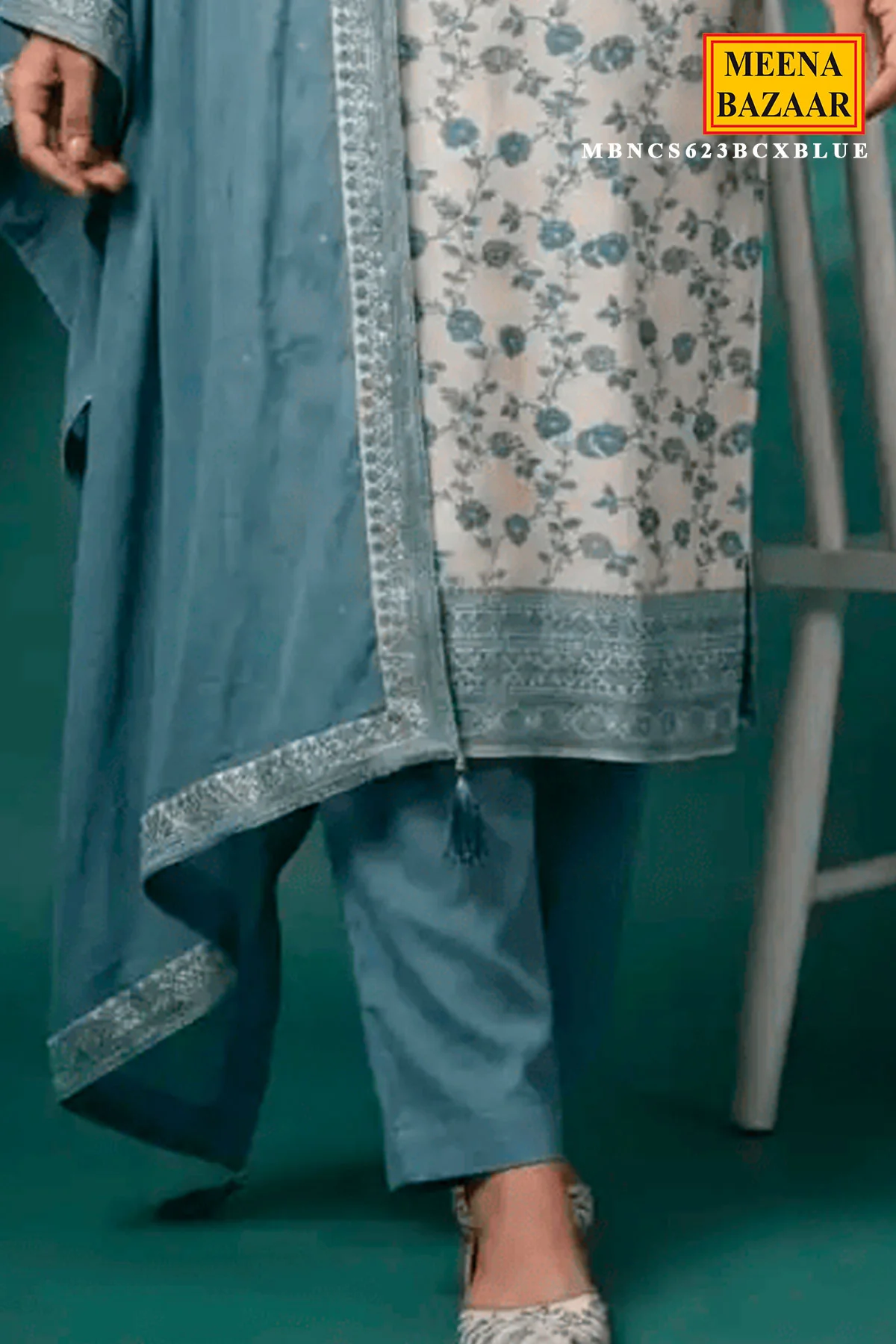 Blue Embroidered Silk Unstitched Suit Set with Dupatta for Women - Image 3