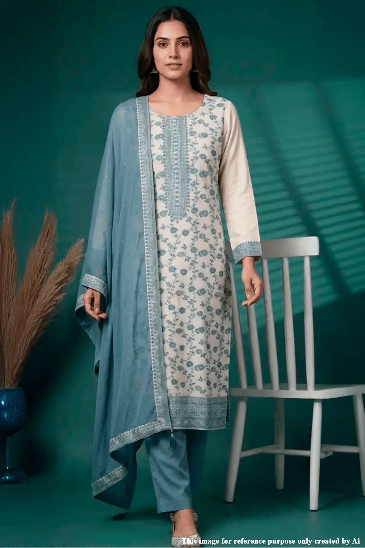 Blue Embroidered Silk Unstitched Suit Set with Dupatta for Women - Image 4