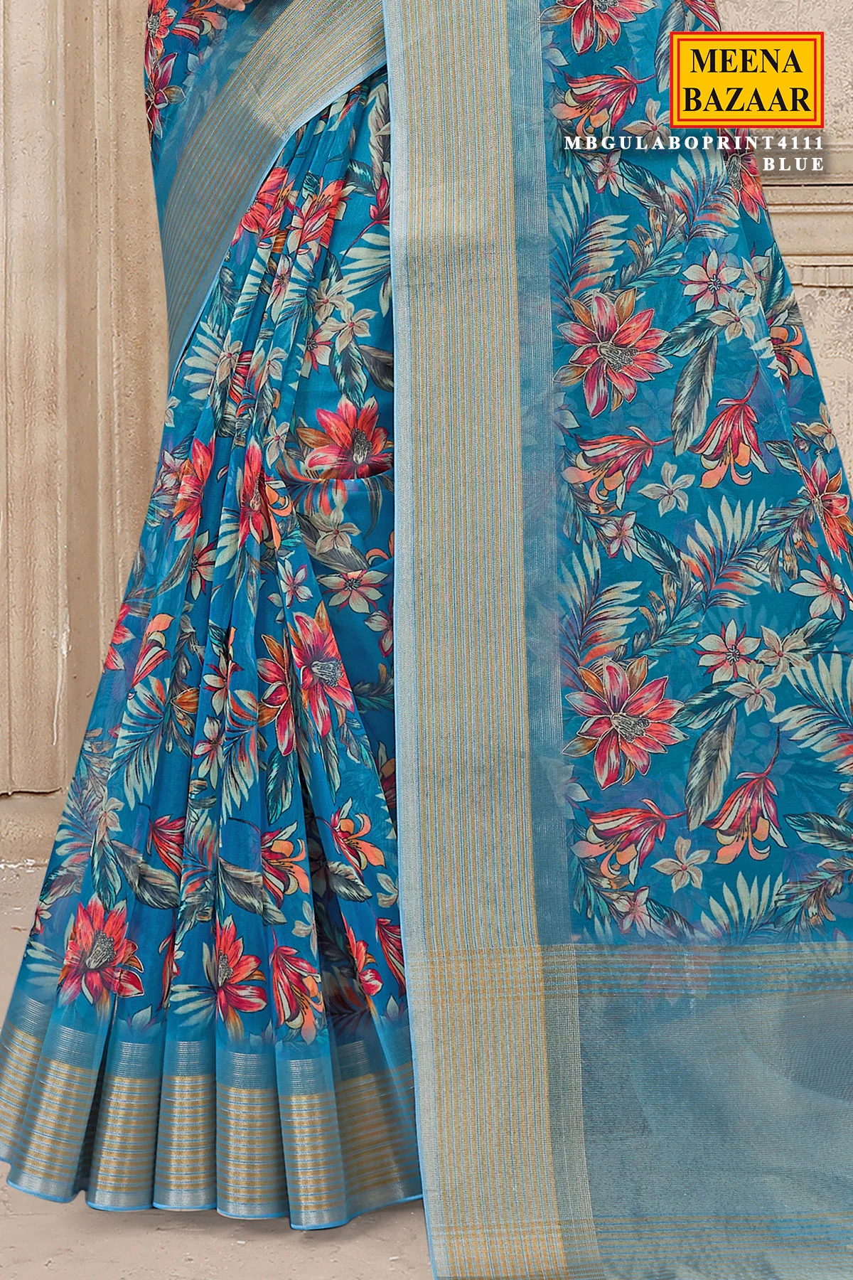 Blue Organza Saree with Floral Embroidery & Printed Detailing - Image 3