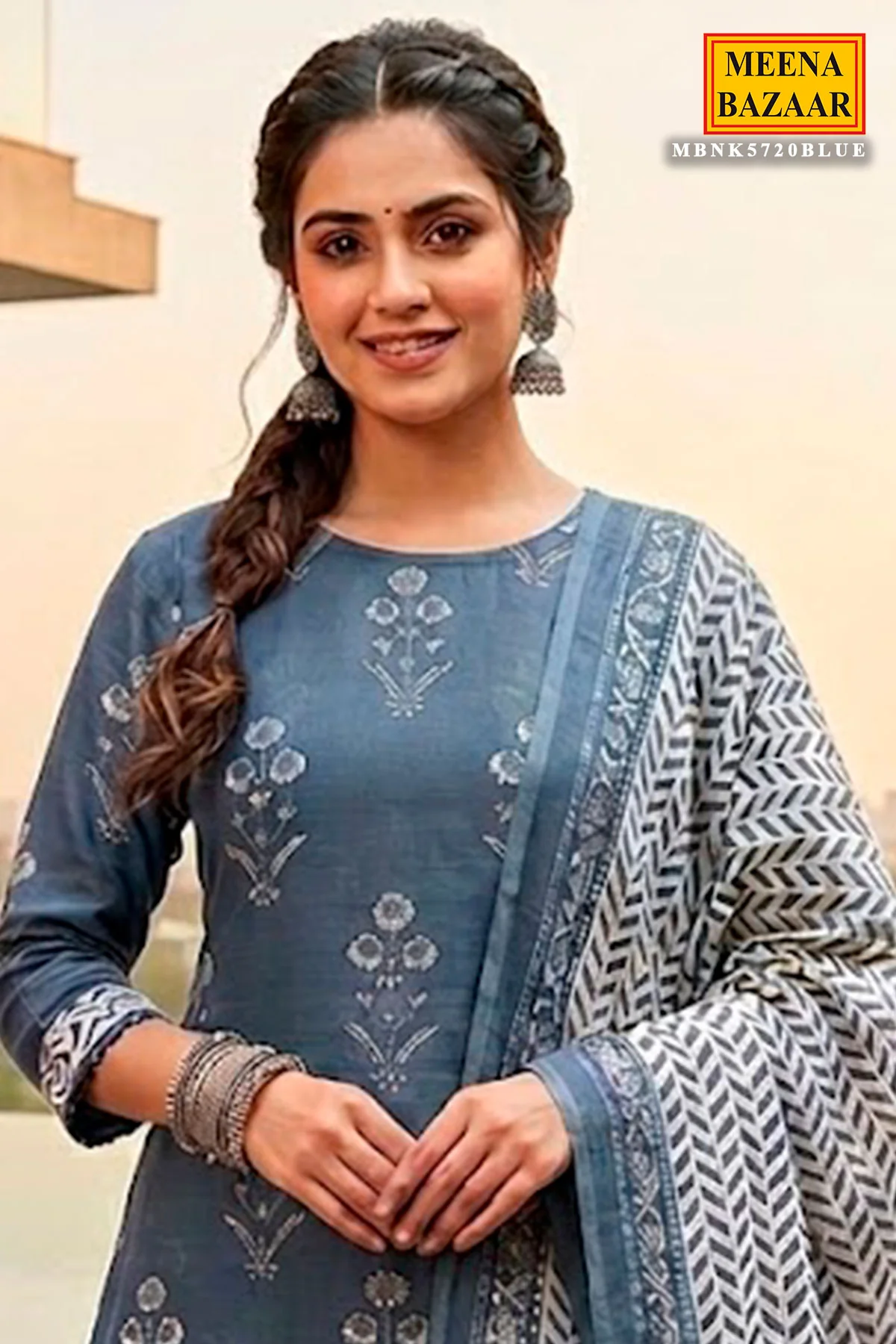 Blue Printed Cotton Unstitched Suit Set for Women - Image 2