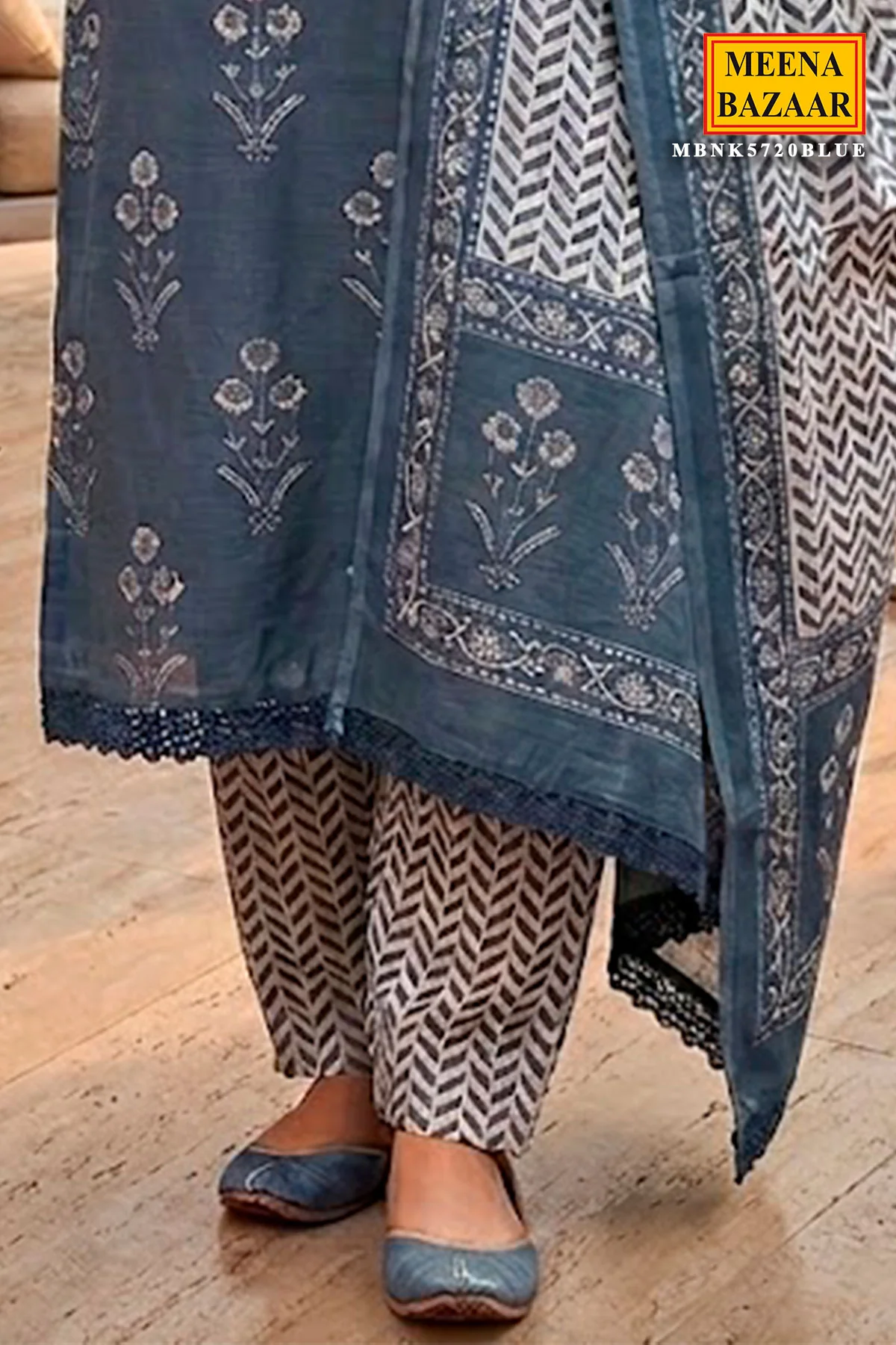 Blue Printed Cotton Unstitched Suit Set for Women - Image 3