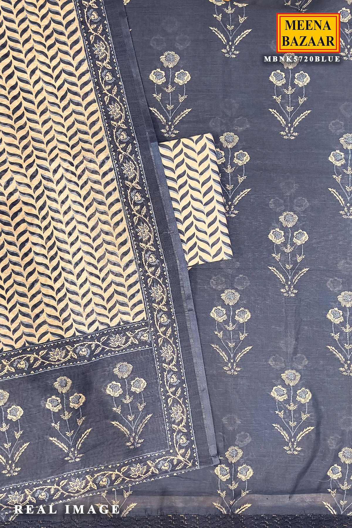 Blue Printed Cotton Unstitched Suit Set for Women - Image 4