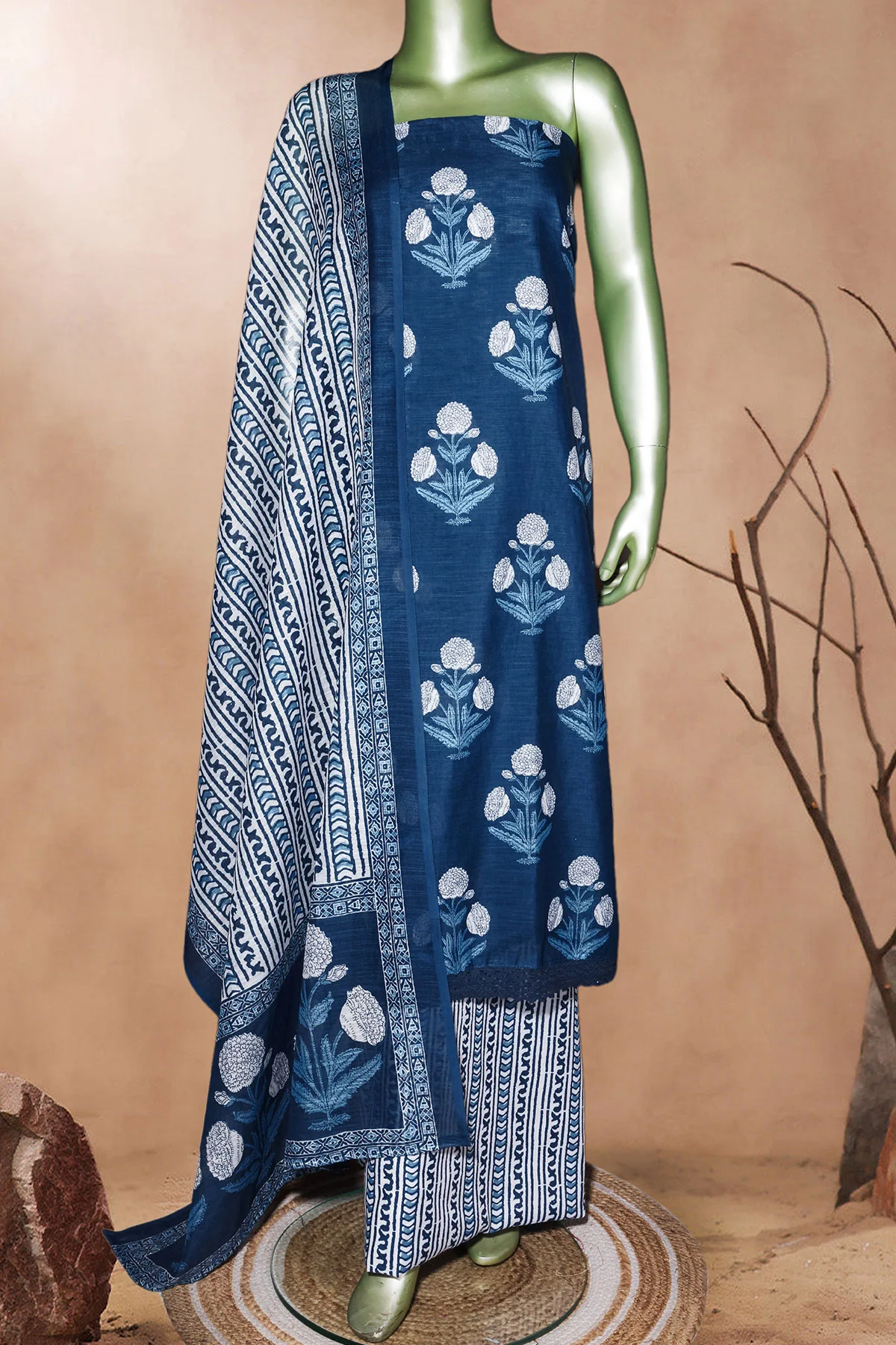 Blue Printed Cotton Unstitched Suit Set with Dupatta for Women - Image 2