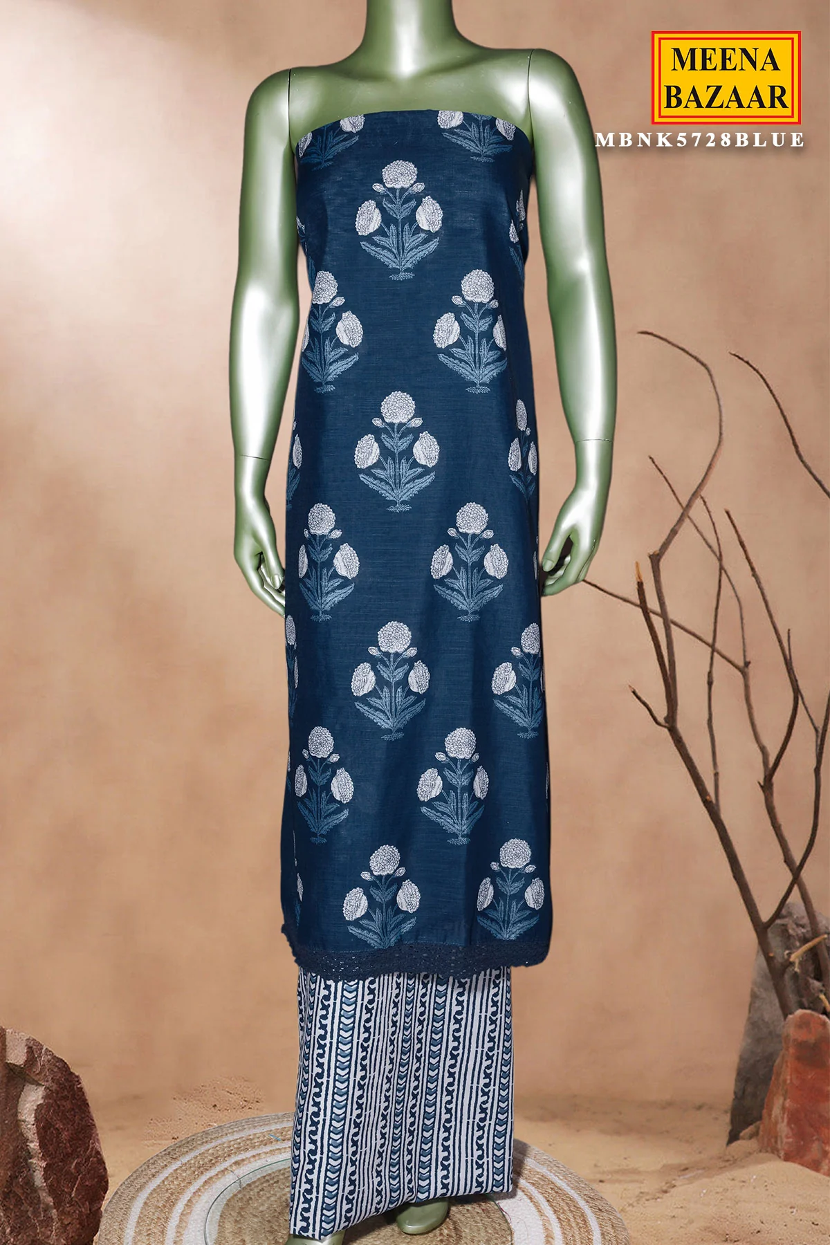 Blue Printed Cotton Unstitched Suit Set with Dupatta for Women - Image 3