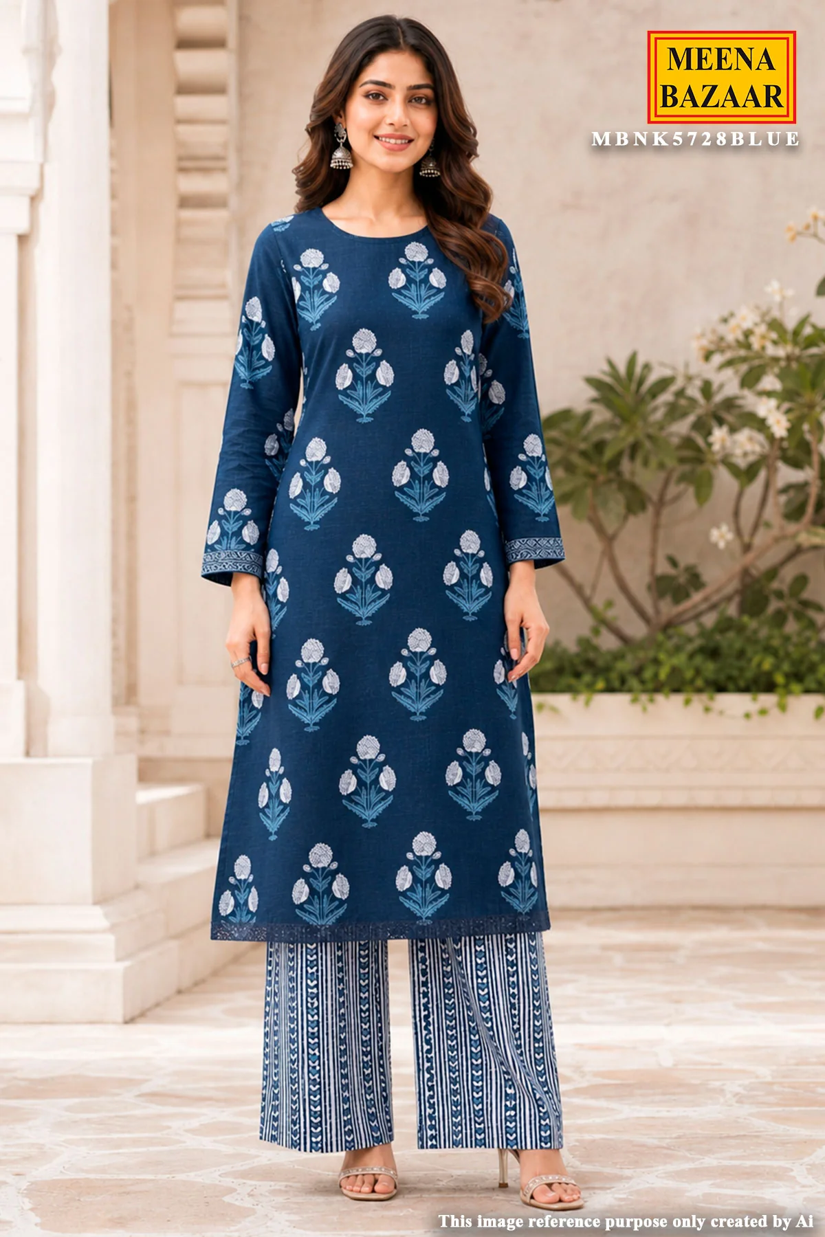 Blue Printed Cotton Unstitched Suit Set with Dupatta for Women - Image 4